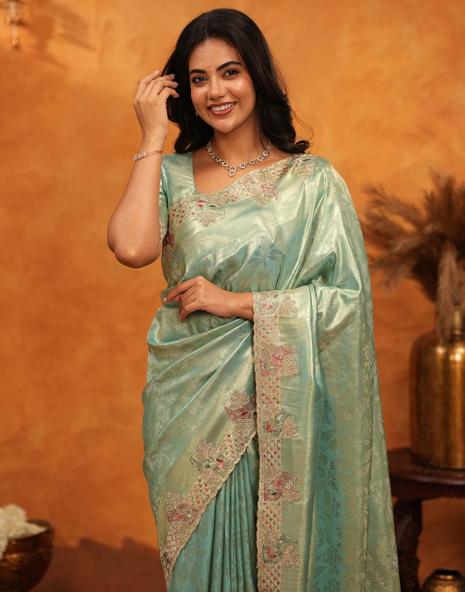 Mint Green Silk Woven Embroidery Stone Work Banarasi Saree - Image 2