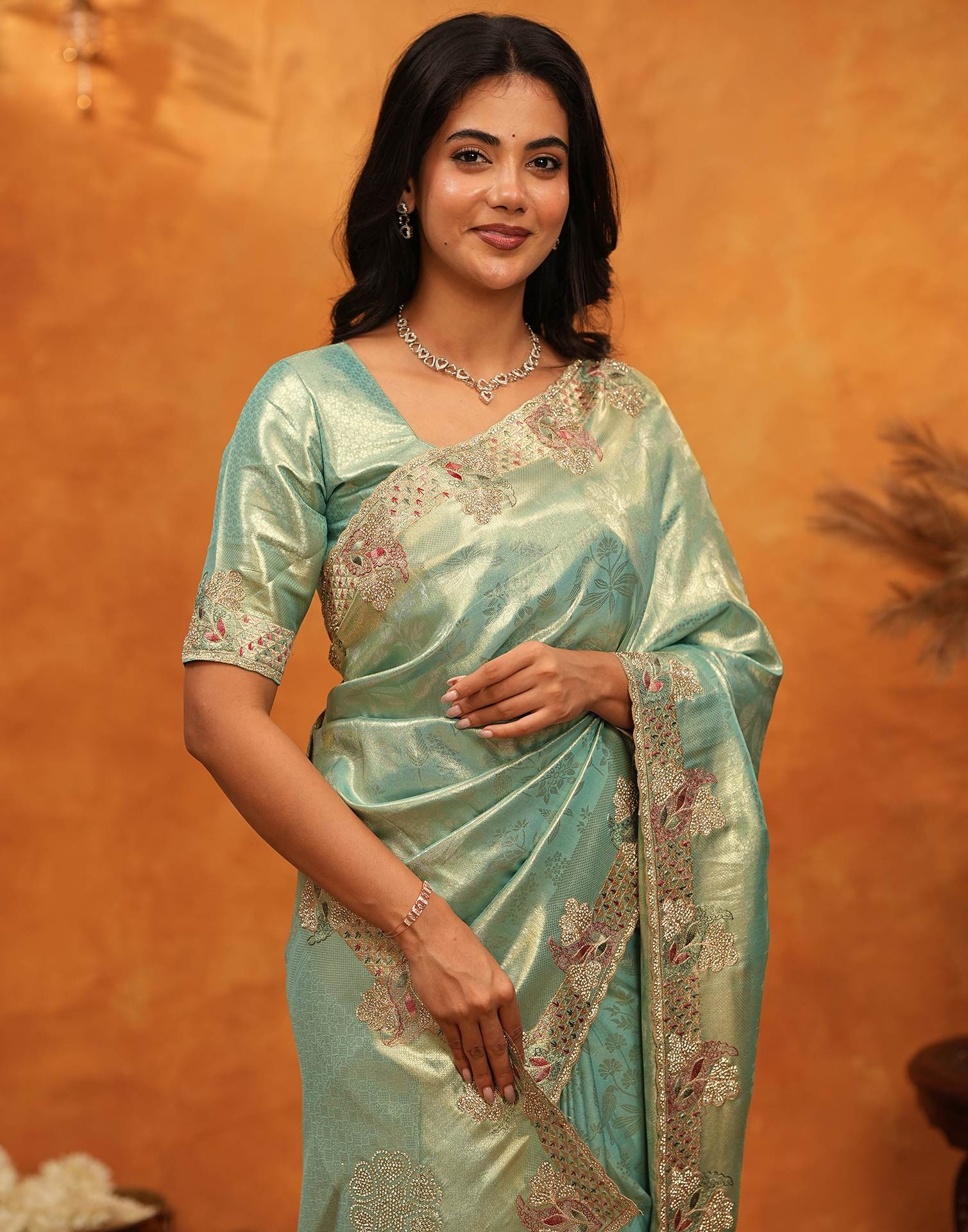 Mint Green Silk Woven Embroidery Stone Work Banarasi Saree - Image 4