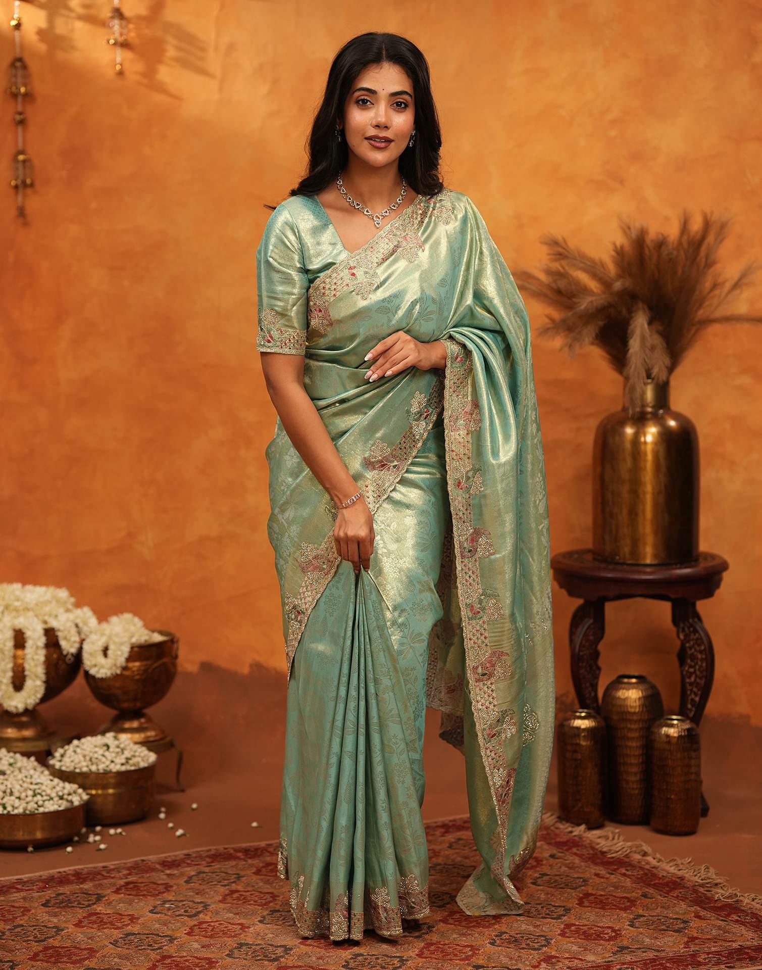 Mint Green Silk Woven Embroidery Stone Work Banarasi Saree - Image 6