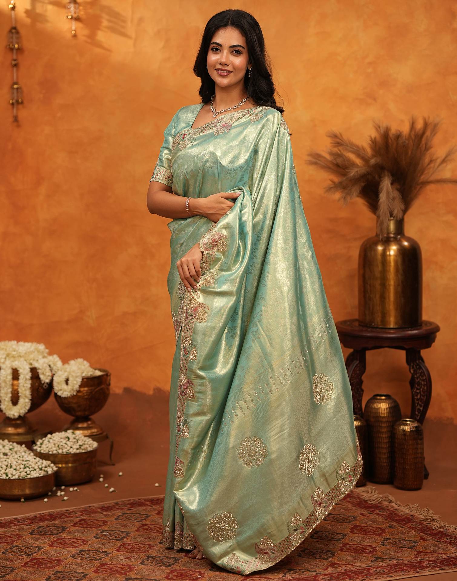 Mint Green Silk Woven Embroidery Stone Work Banarasi Saree - Image 9