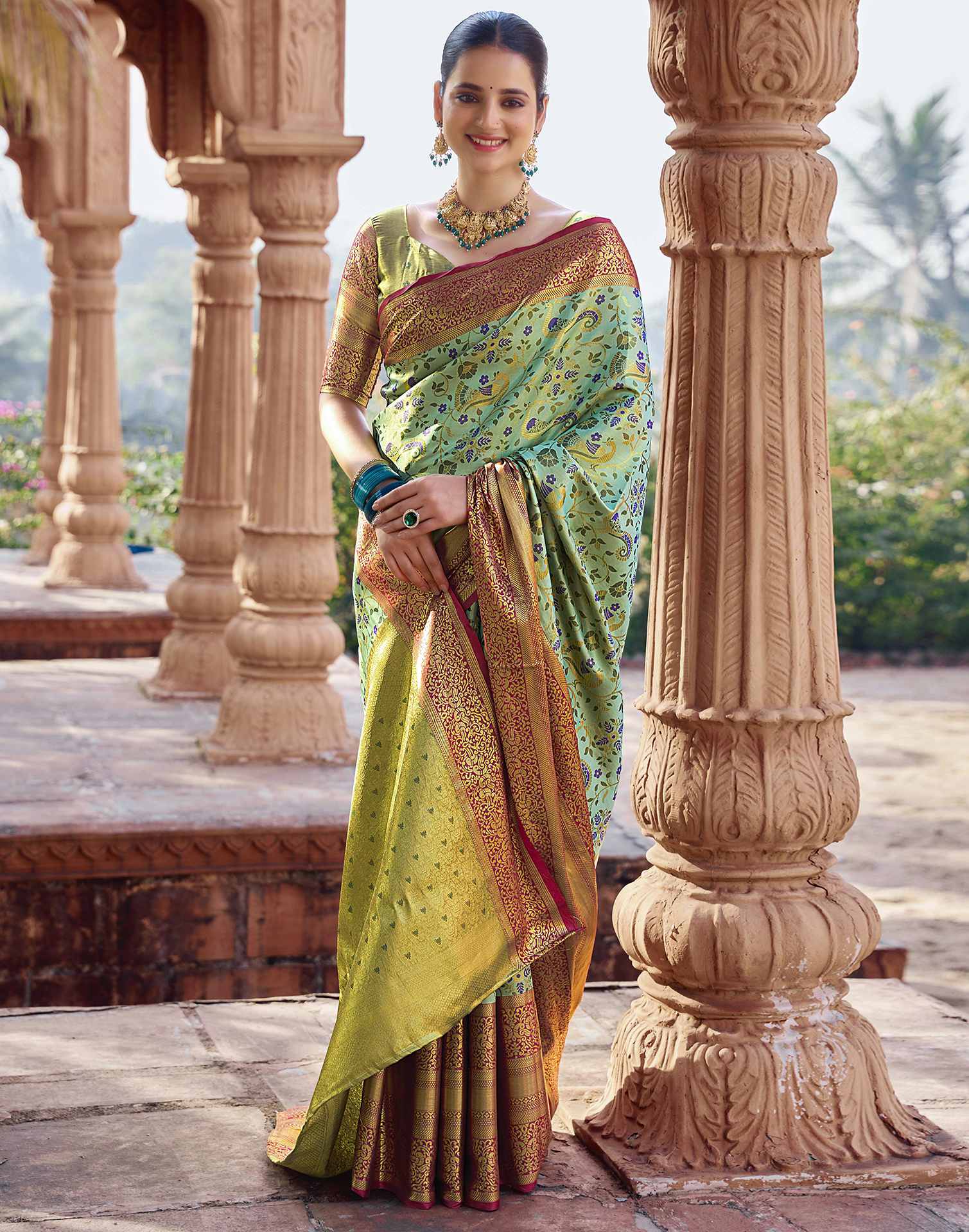 Mint Green Silk Woven Kanjivaram Saree - Image 5