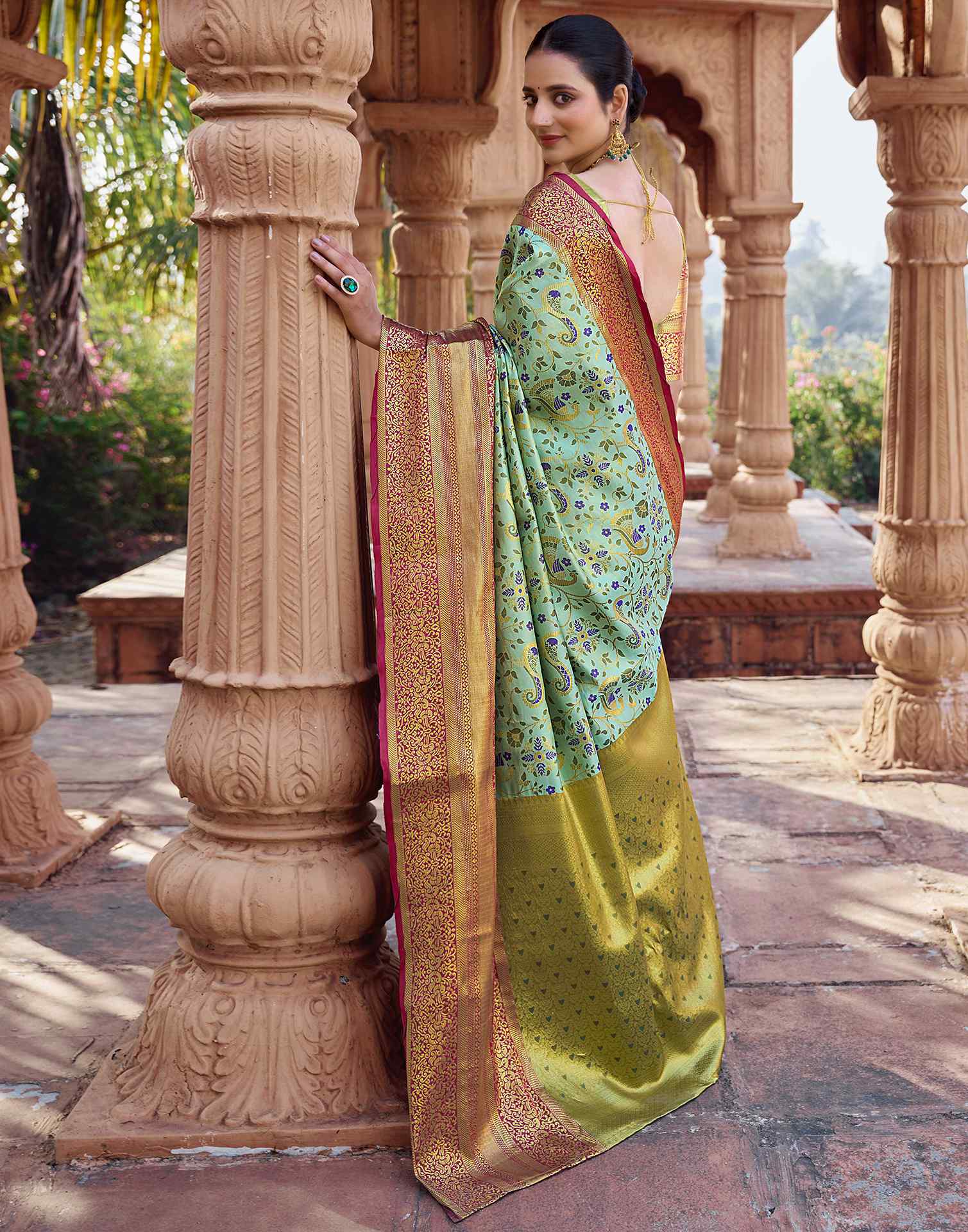 Mint Green Silk Woven Kanjivaram Saree - Image 6