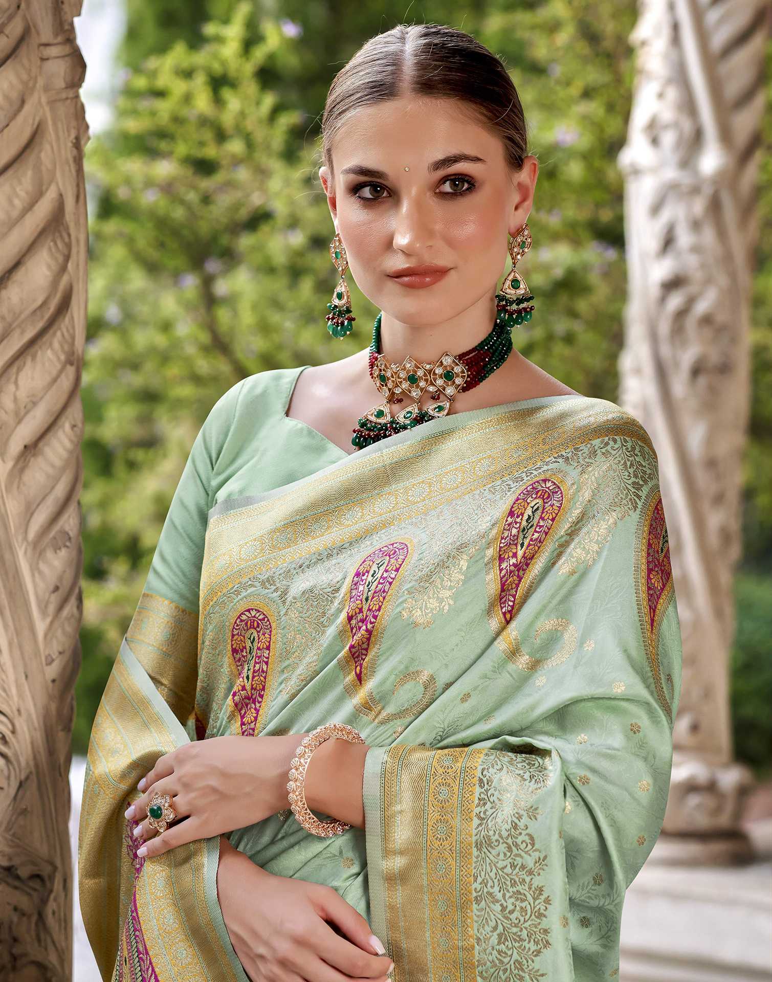 Mint Green Silk Woven Banarasi Saree - Image 2