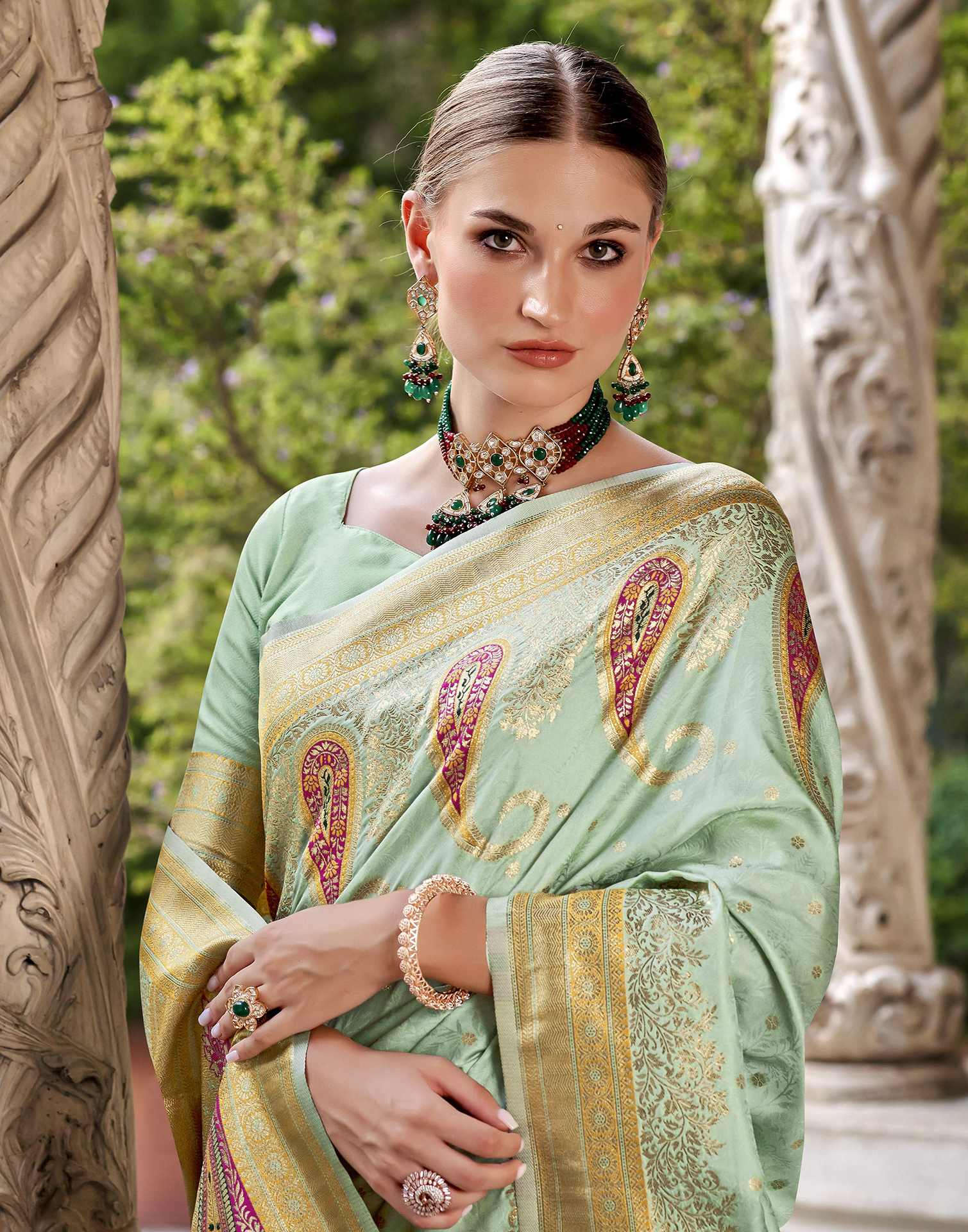 Mint Green Silk Woven Banarasi Saree - Image 4