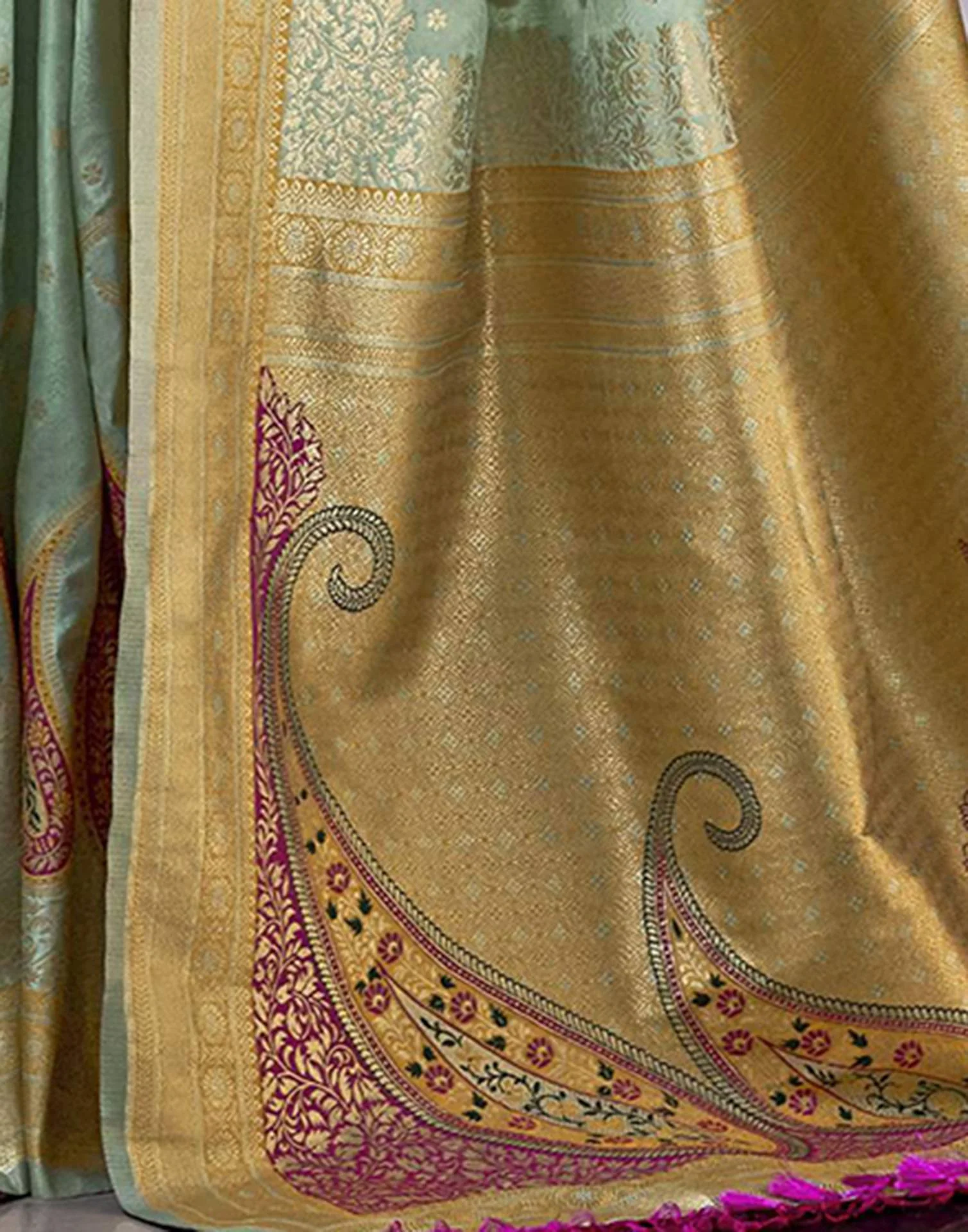 Mint Green Silk Woven Banarasi Saree - Image 5