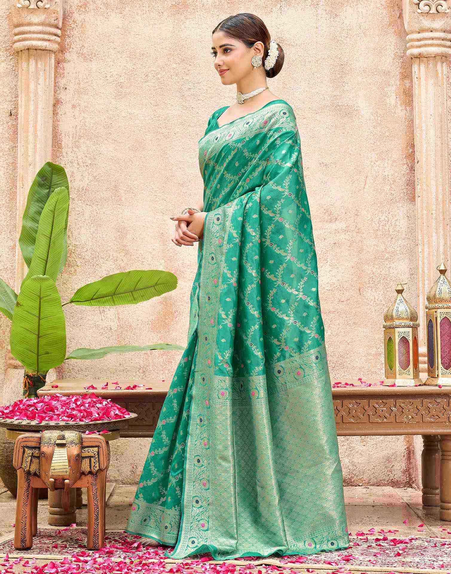 Mint Green Silk Woven Saree - Image 4