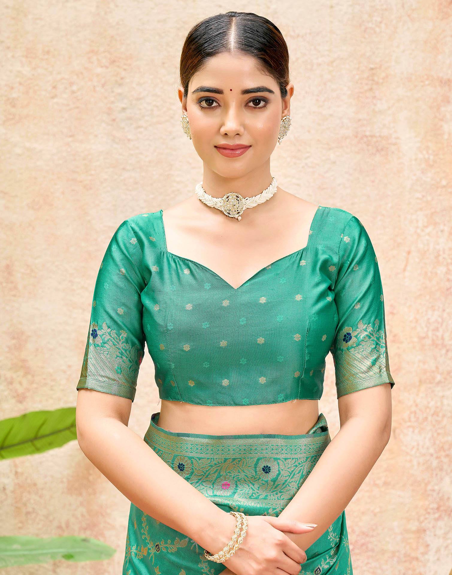 Mint Green Silk Woven Saree - Image 8