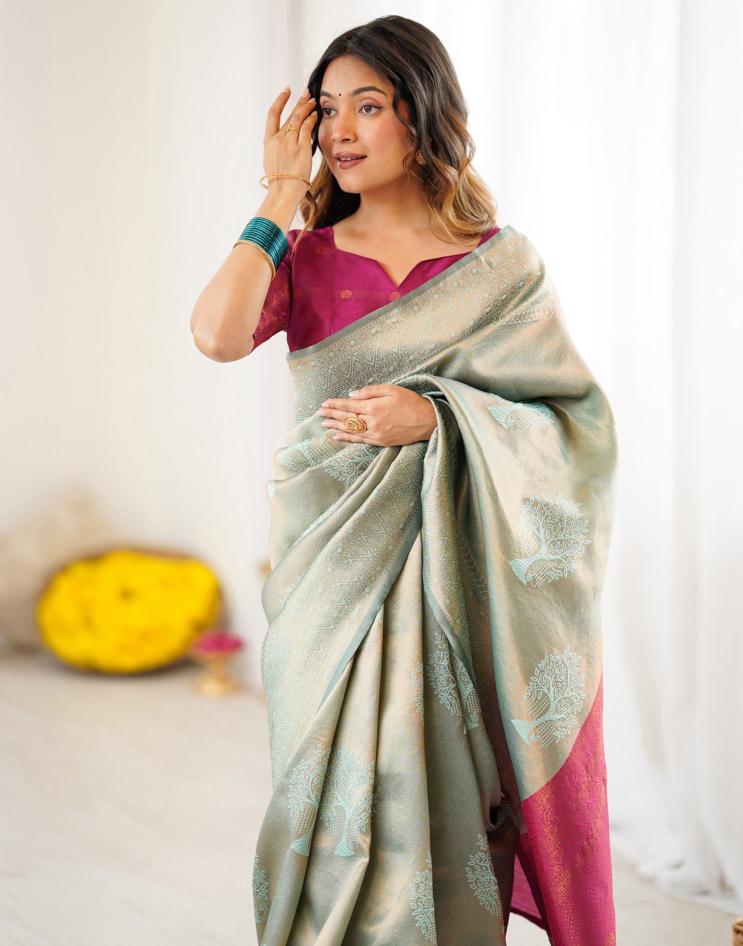 Mint Green Silk Woven Saree - Image 2