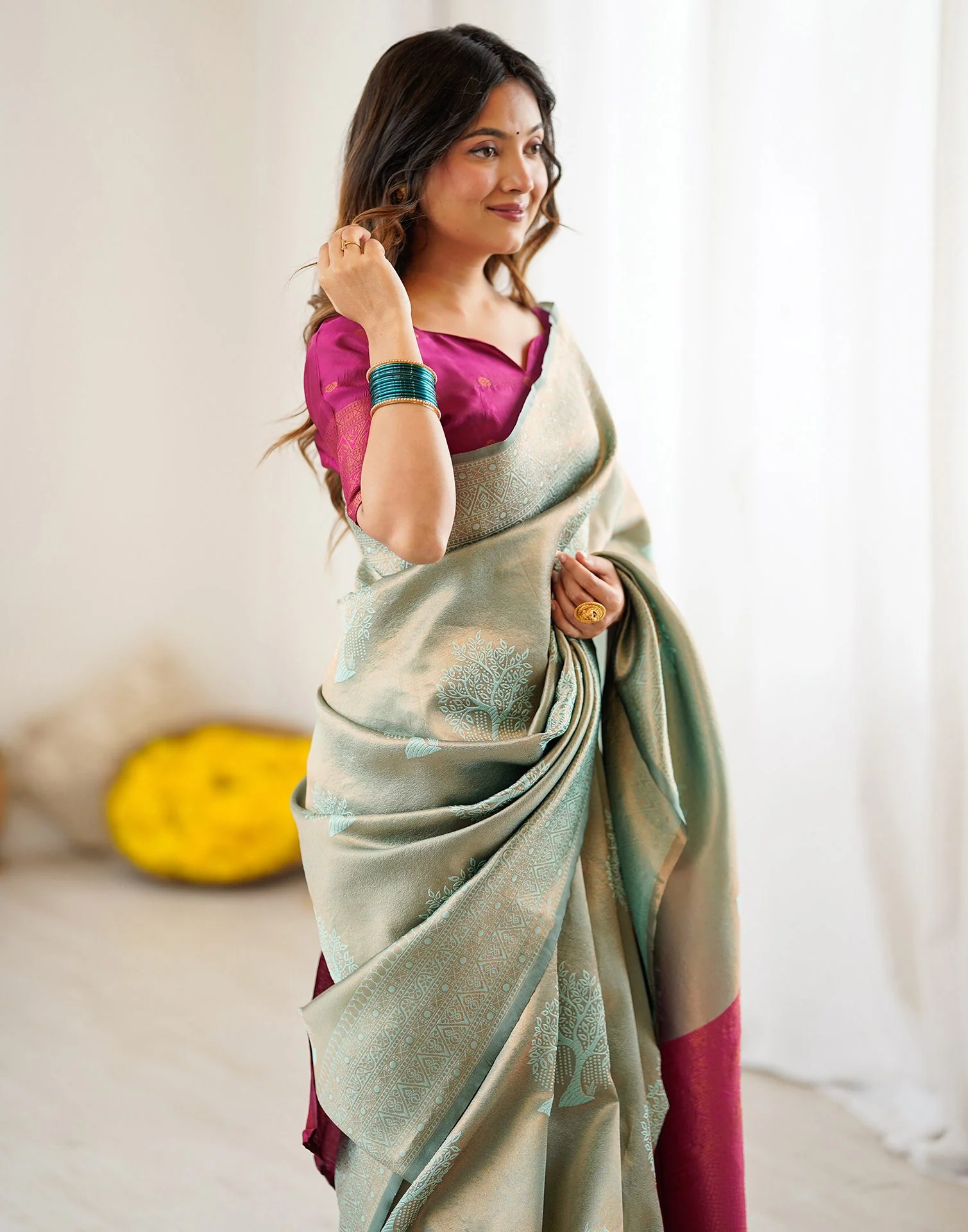 Mint Green Silk Woven Saree - Image 4