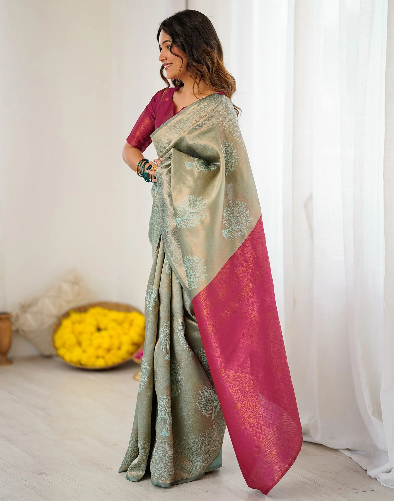 Mint Green Silk Woven Saree - Image 5