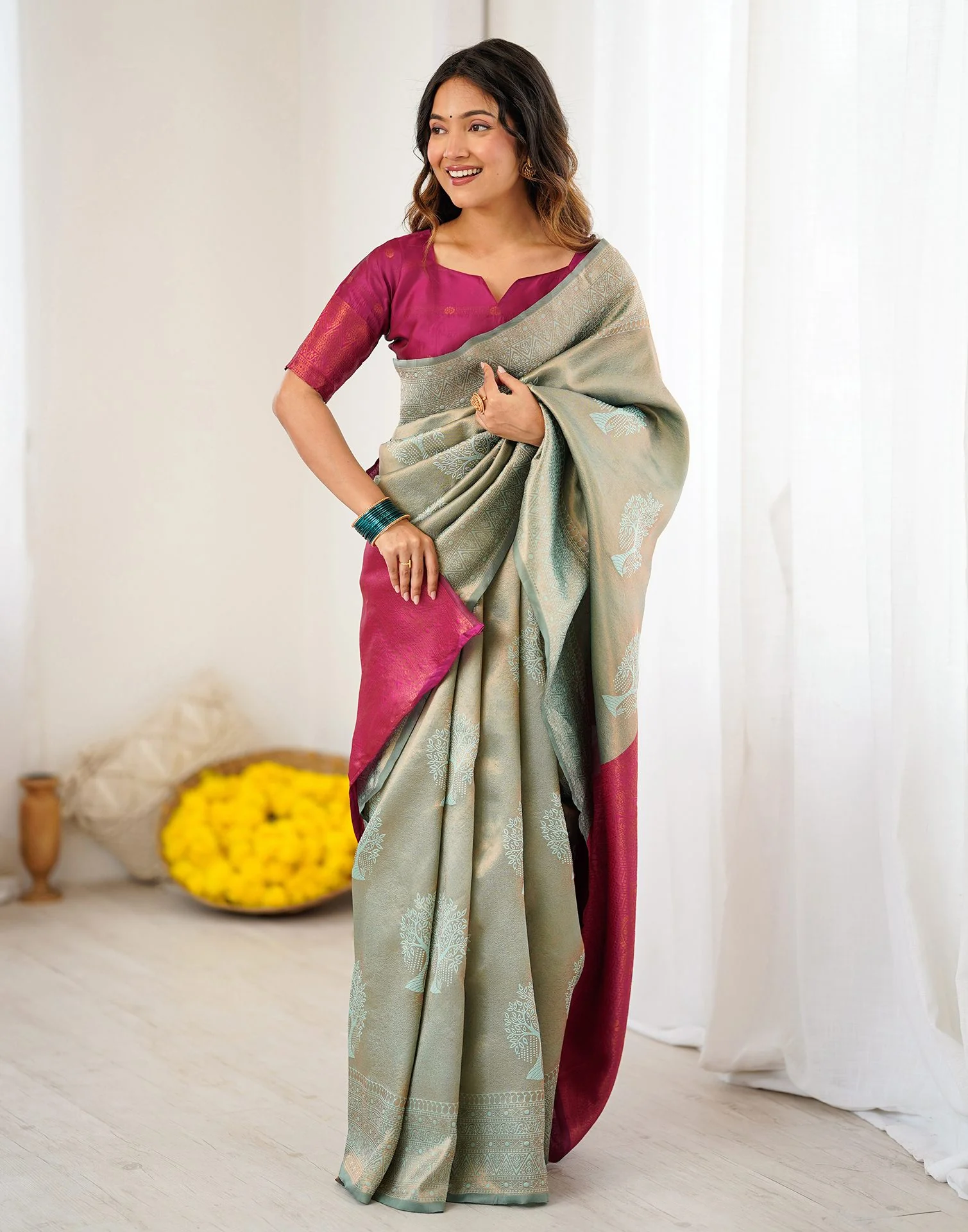 Mint Green Silk Woven Saree - Image 6