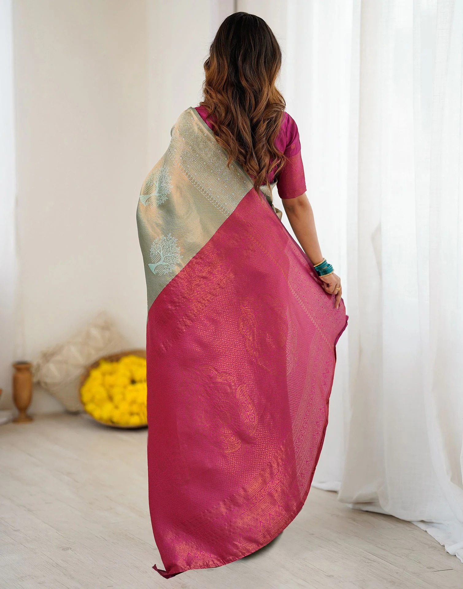 Mint Green Silk Woven Saree - Image 7