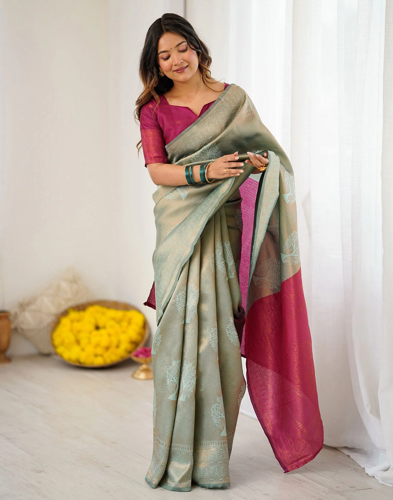 Mint Green Silk Woven Saree - Image 9