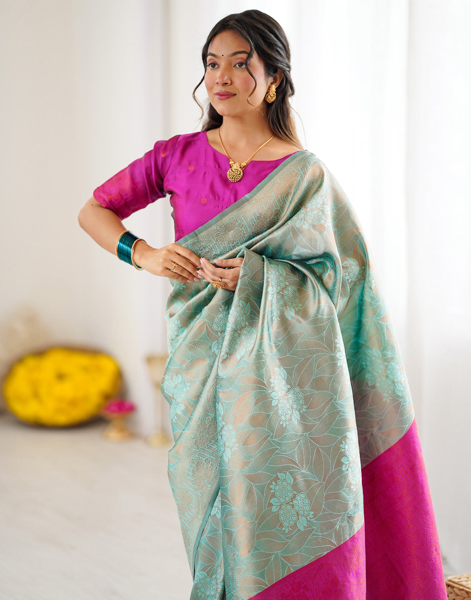 Mint Green Silk Woven Saree - Image 2