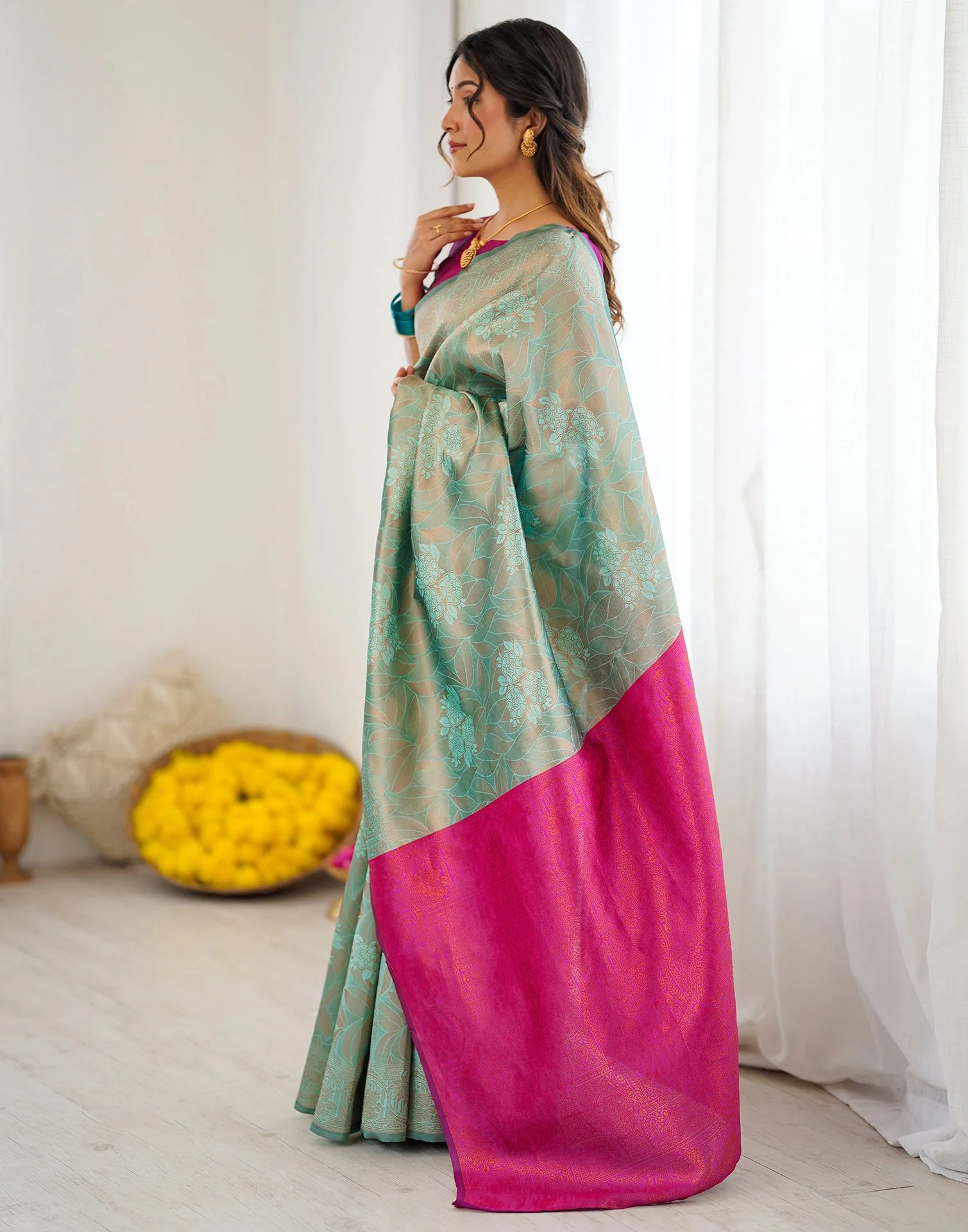 Mint Green Silk Woven Saree - Image 4