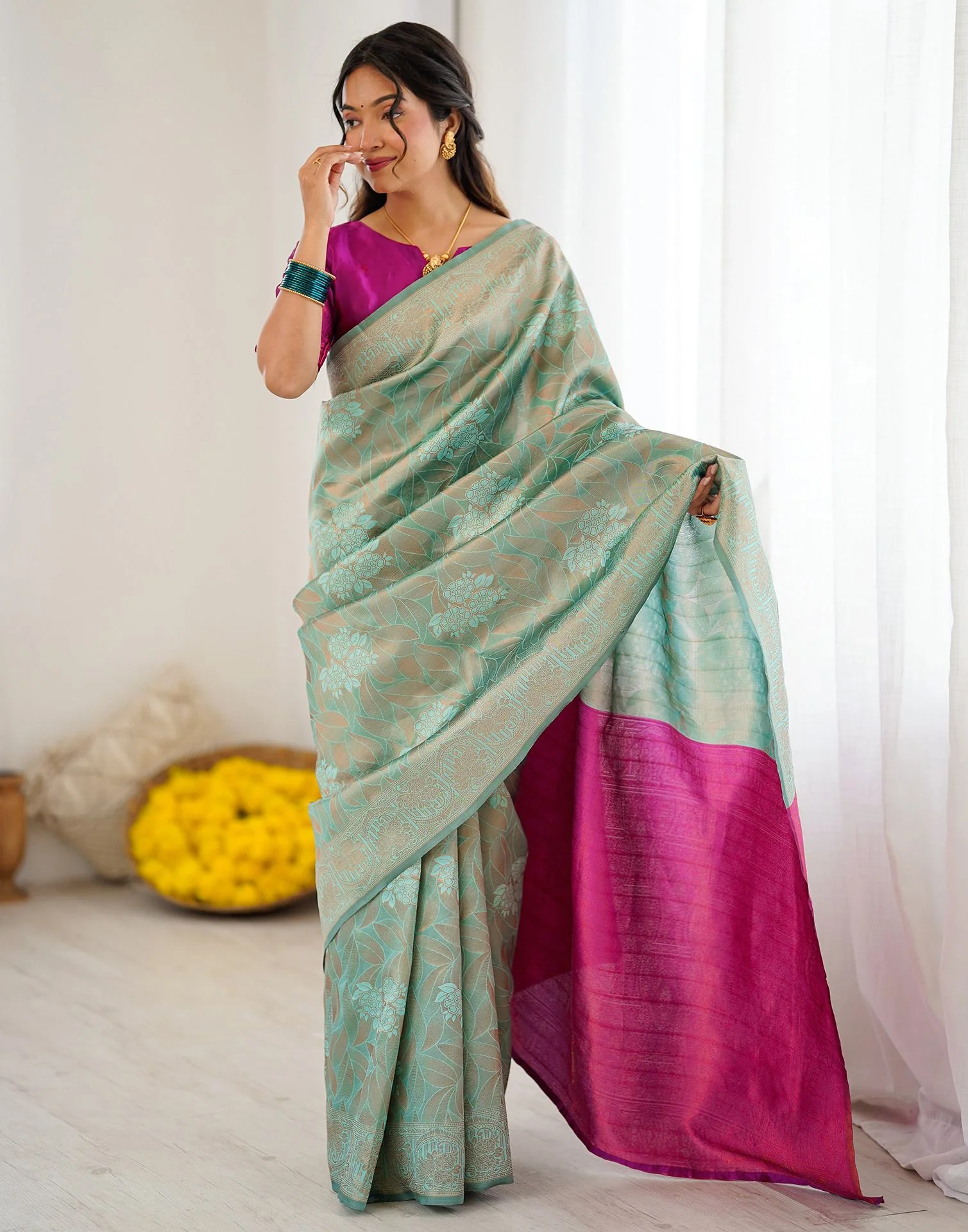 Mint Green Silk Woven Saree - Image 7