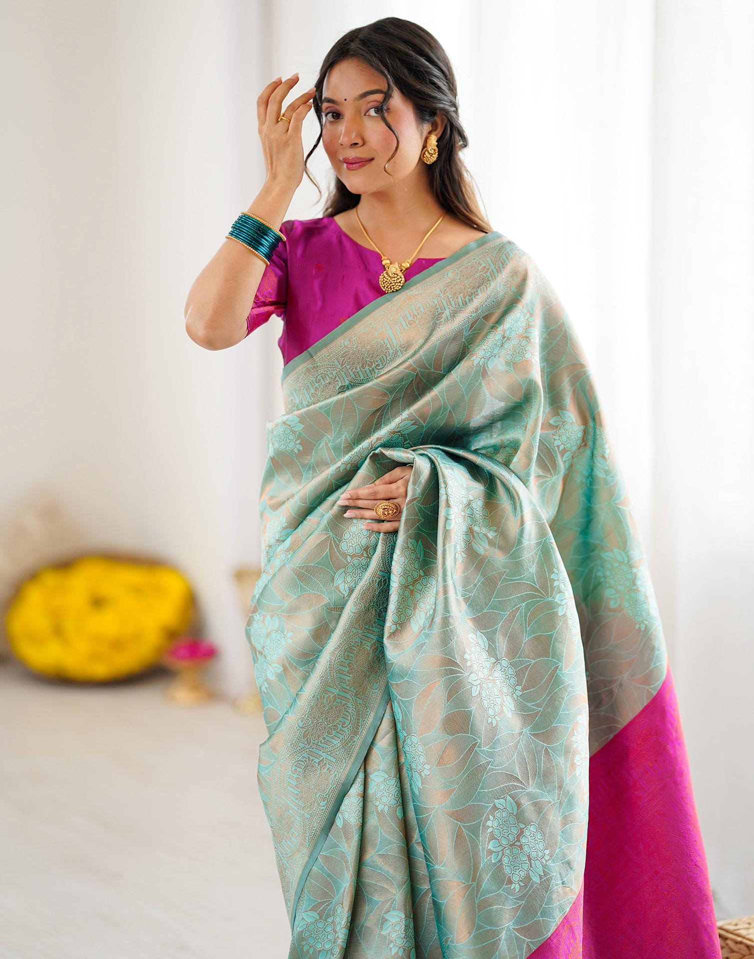 Mint Green Silk Woven Saree - Image 9