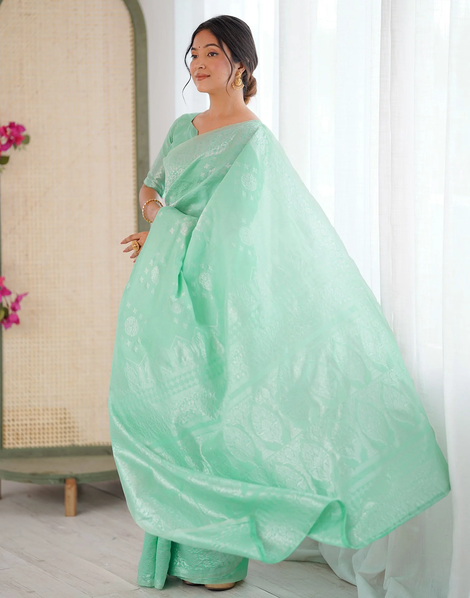 Mint Green Silk Woven Saree - Image 5