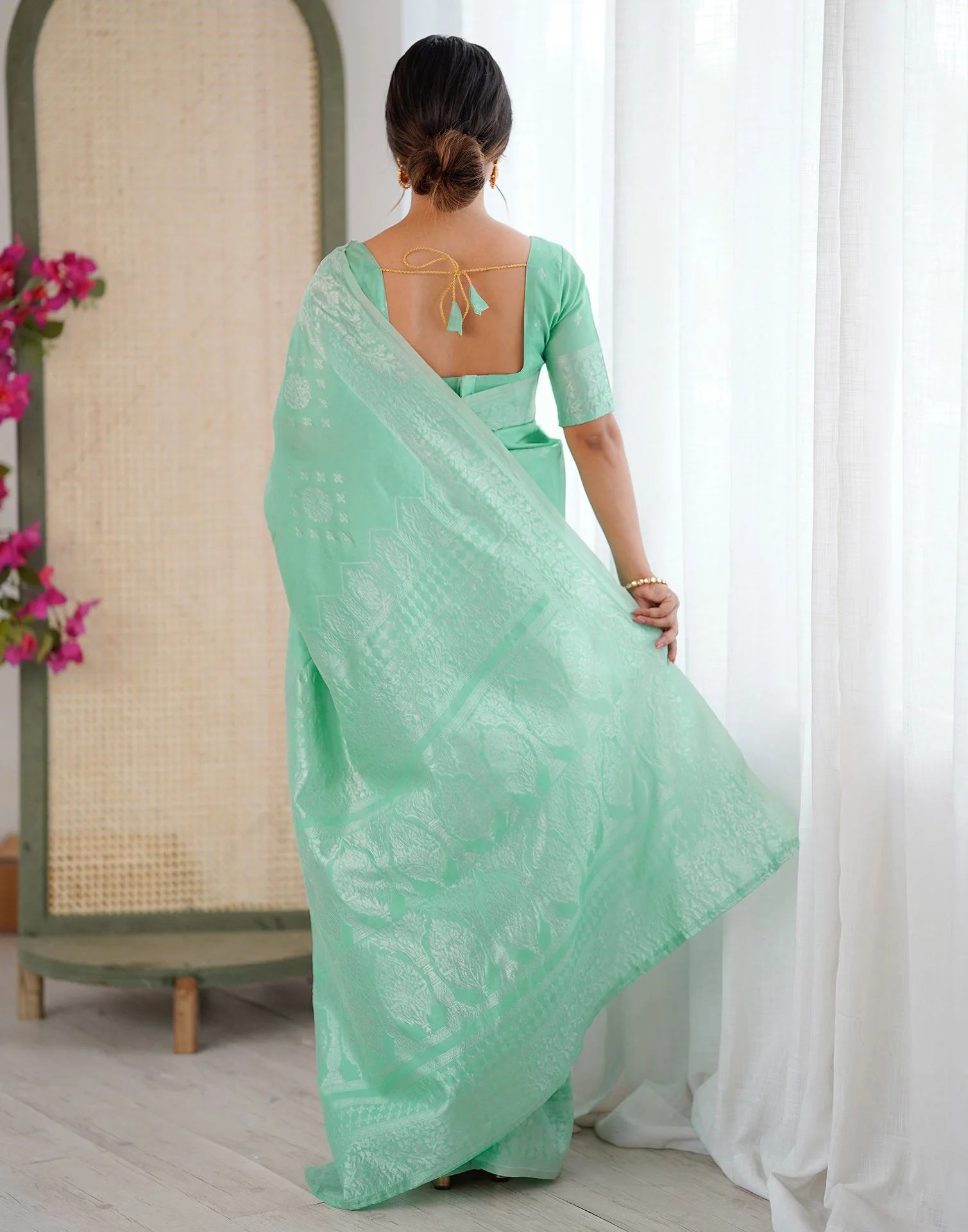 Mint Green Silk Woven Saree - Image 7
