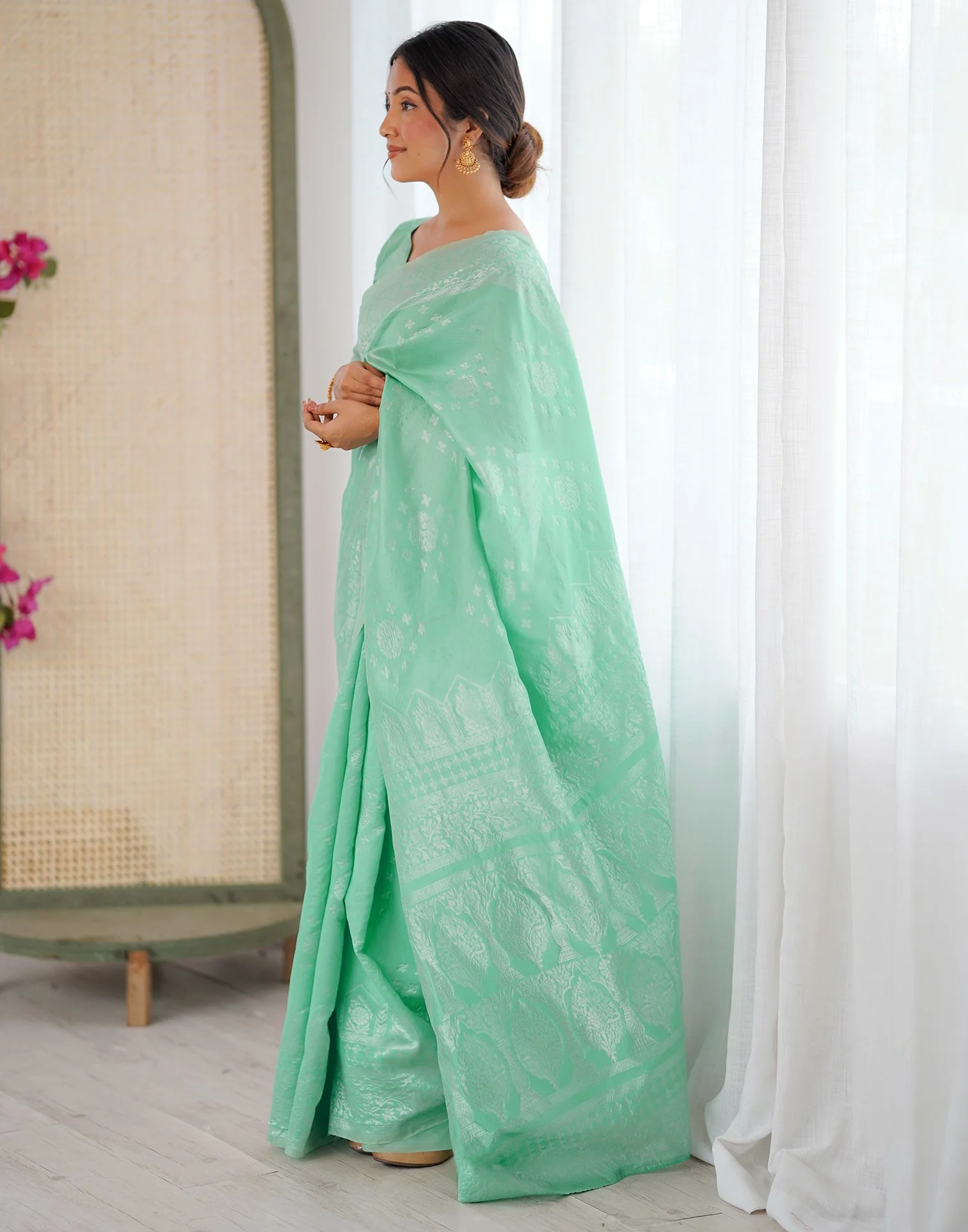 Mint Green Silk Woven Saree - Image 9