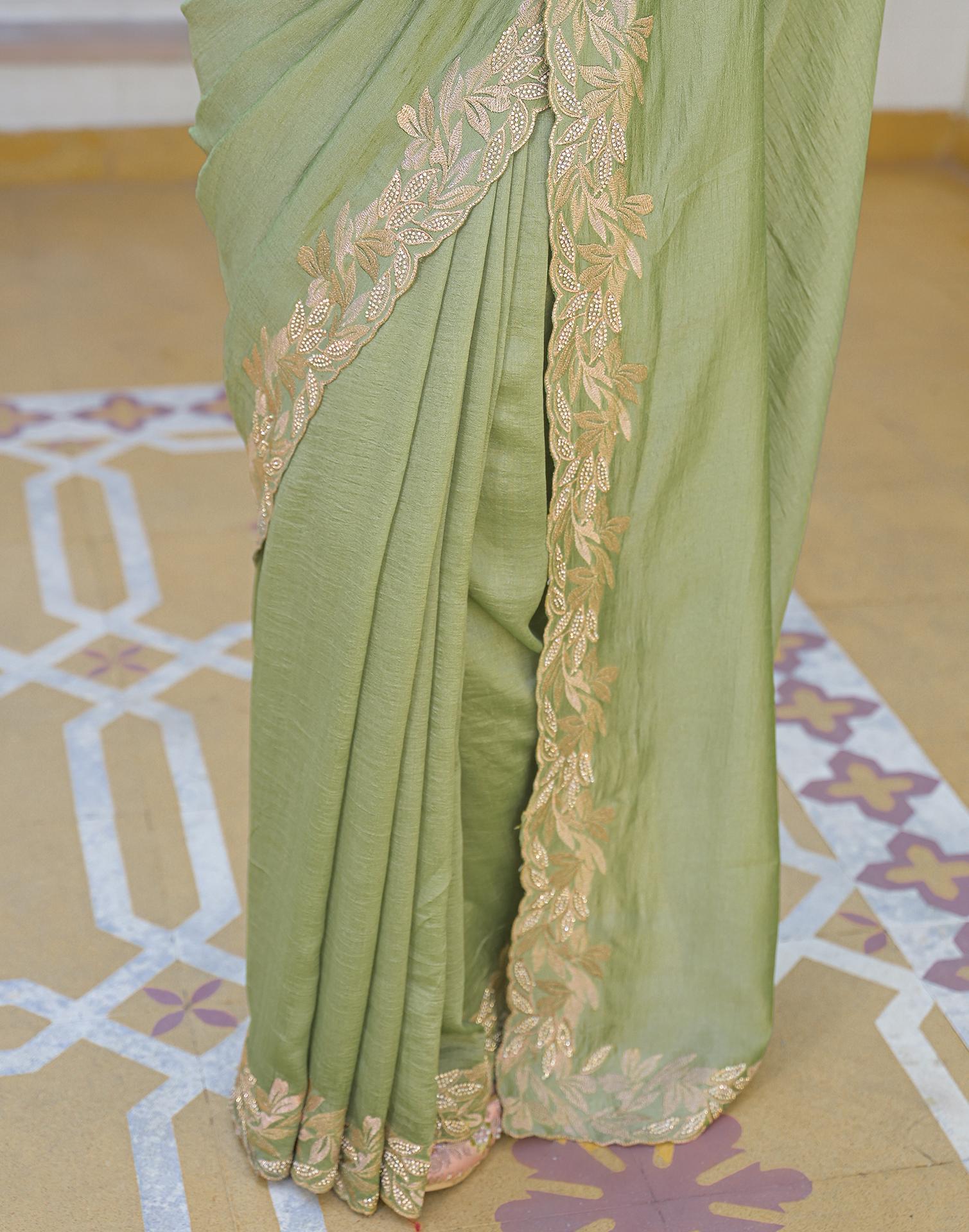 Mint Green Vichitra Silk Embroidery Saree - Image 10
