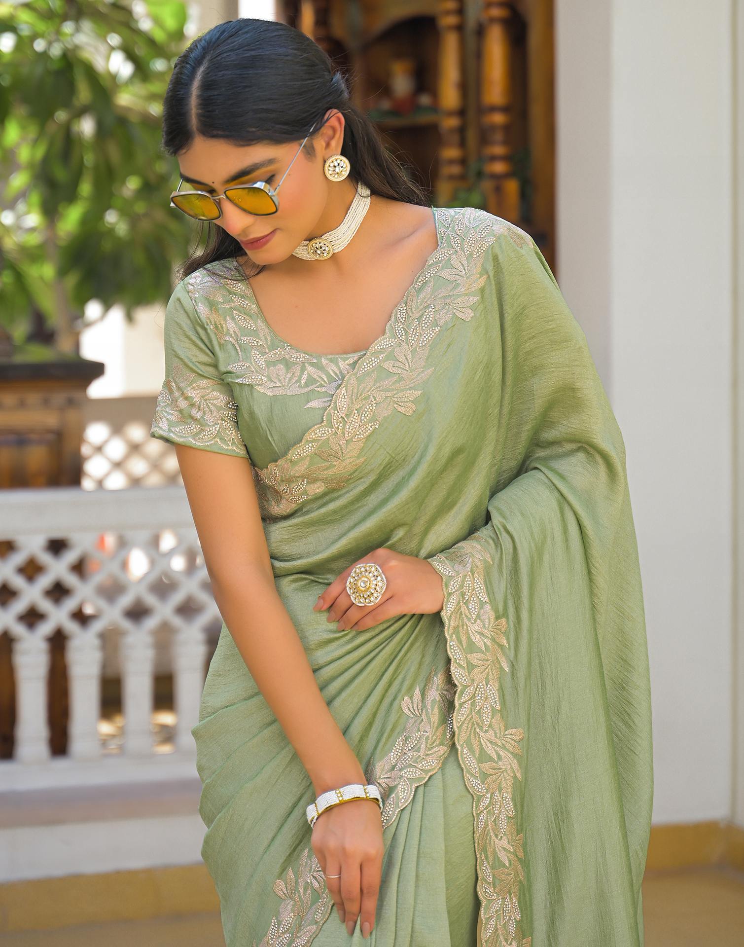 Mint Green Vichitra Silk Embroidery Saree - Image 2