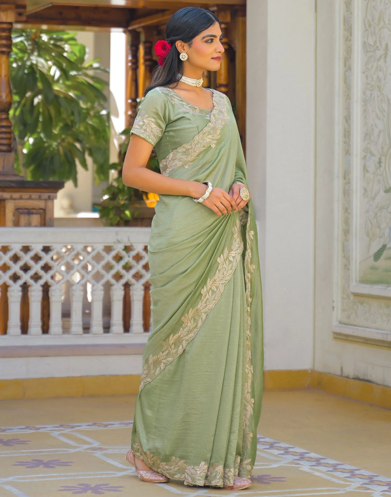 Mint Green Vichitra Silk Embroidery Saree - Image 4