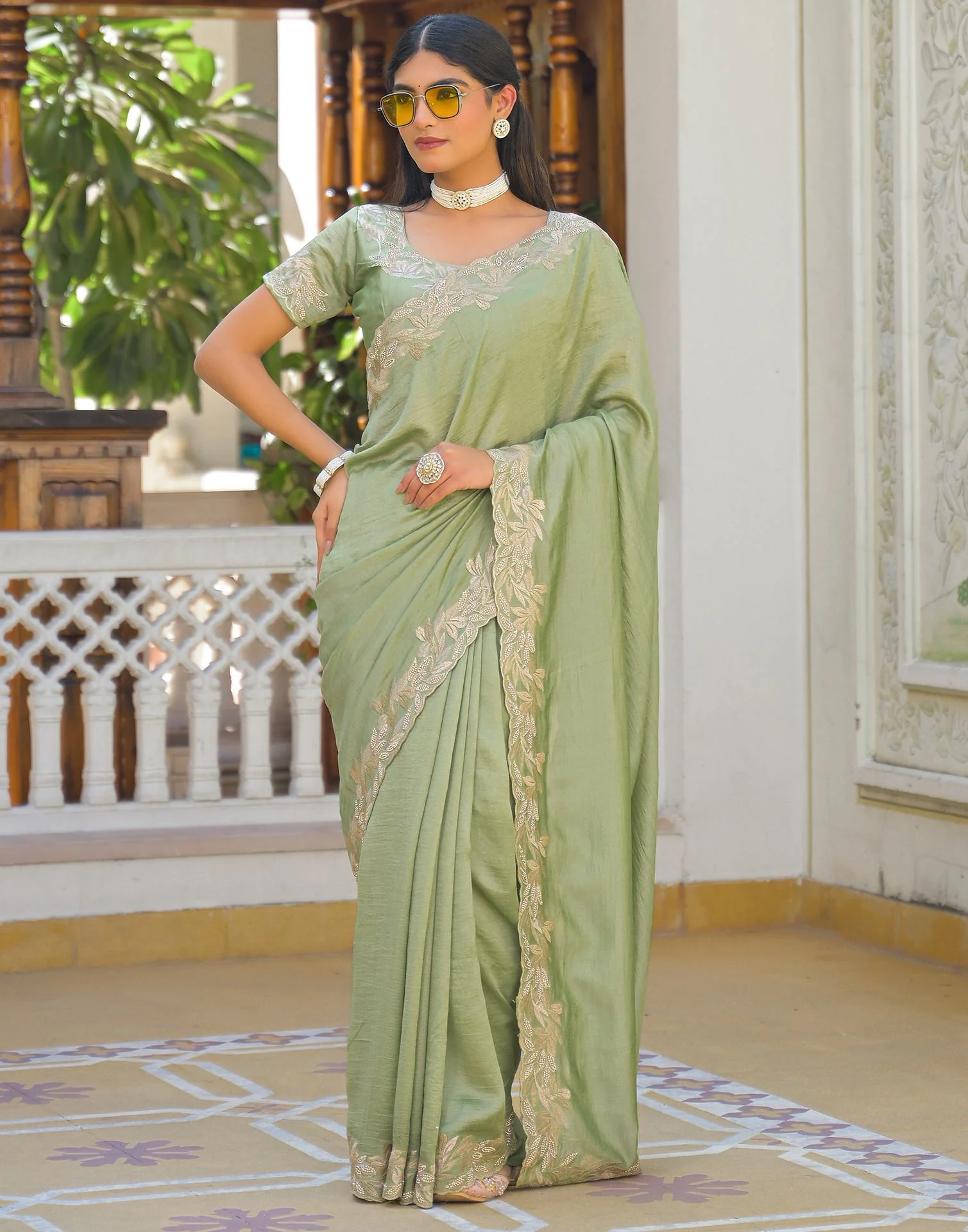 Mint Green Vichitra Silk Embroidery Saree - Image 5