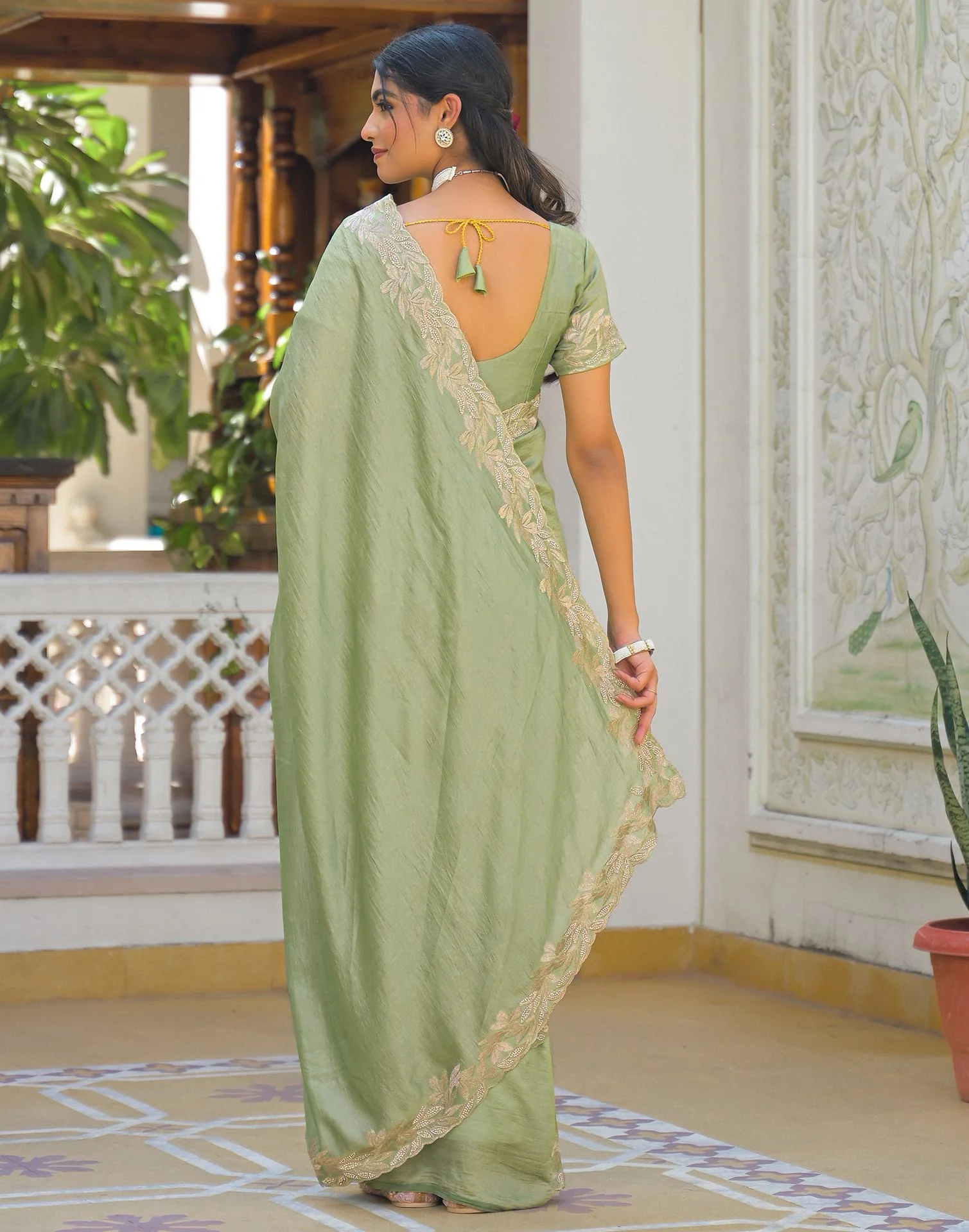 Mint Green Vichitra Silk Embroidery Saree - Image 6