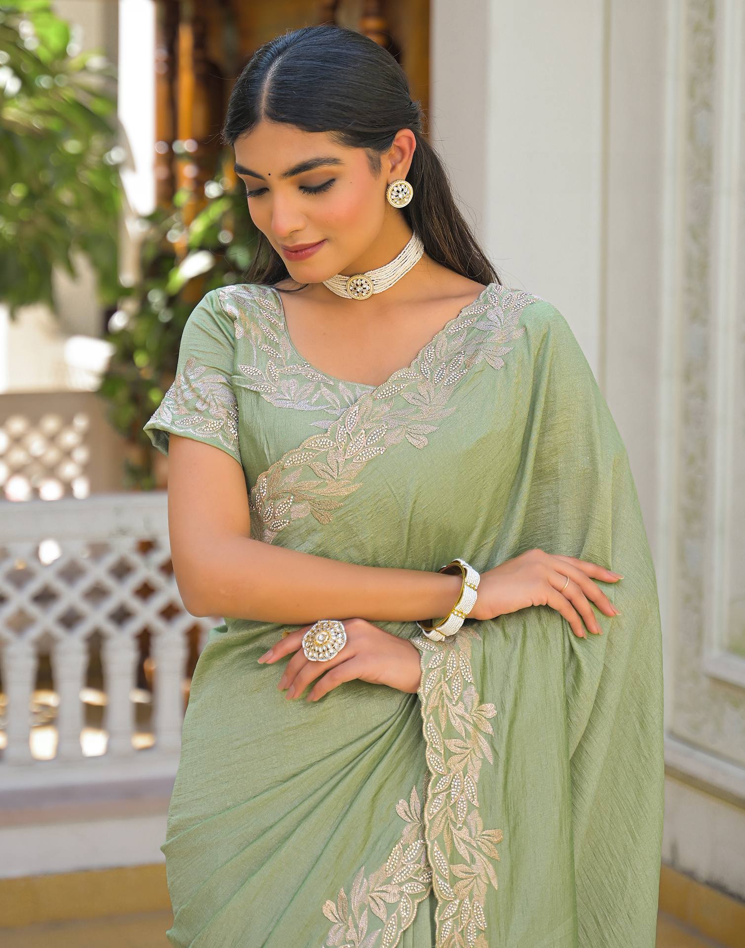 Mint Green Vichitra Silk Embroidery Saree - Image 7