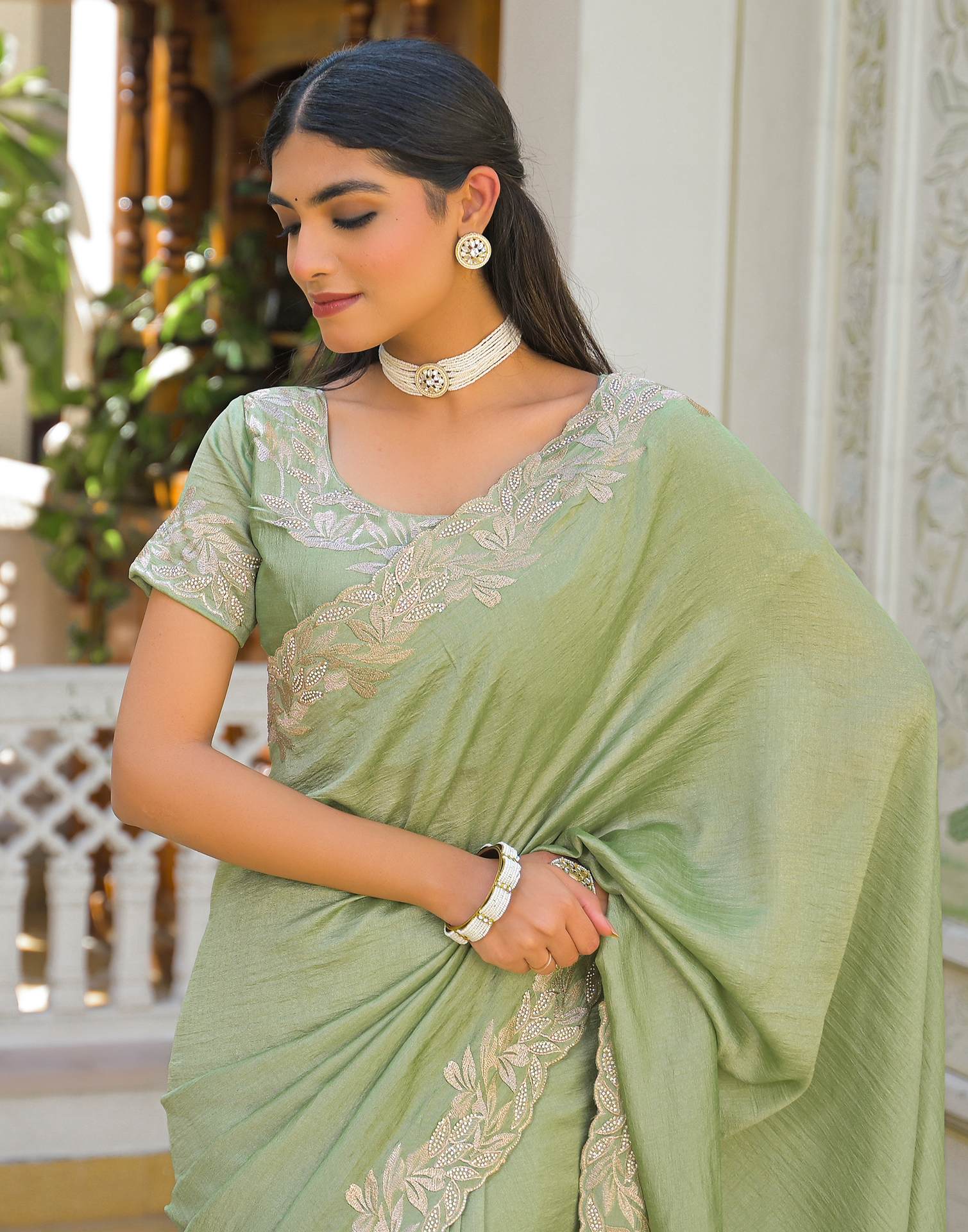 Mint Green Vichitra Silk Embroidery Saree - Image 8
