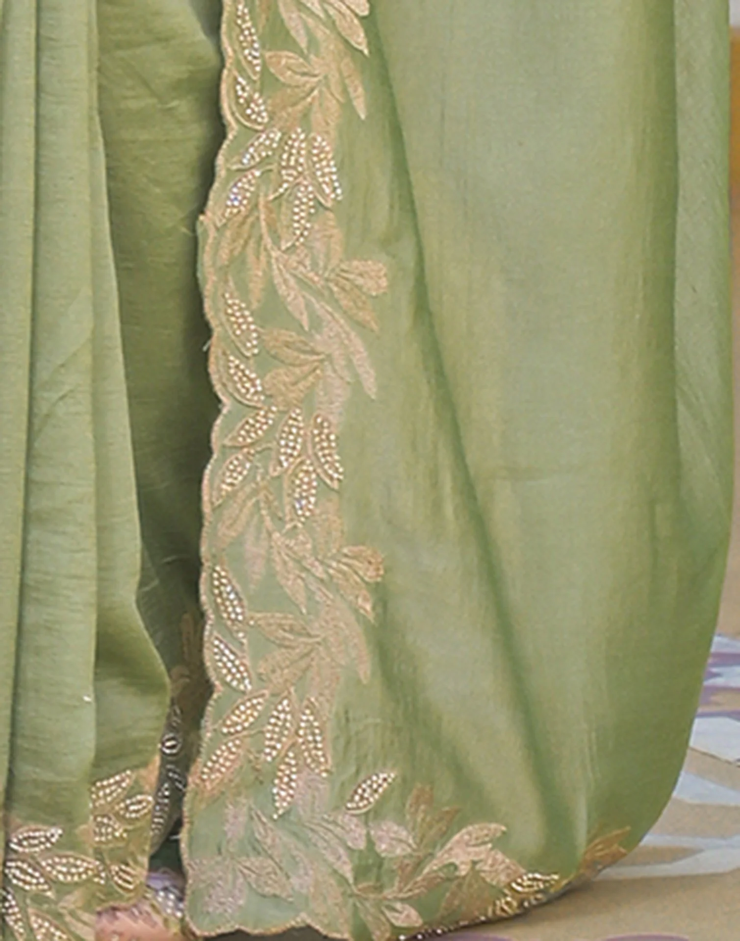 Mint Green Vichitra Silk Embroidery Saree - Image 9