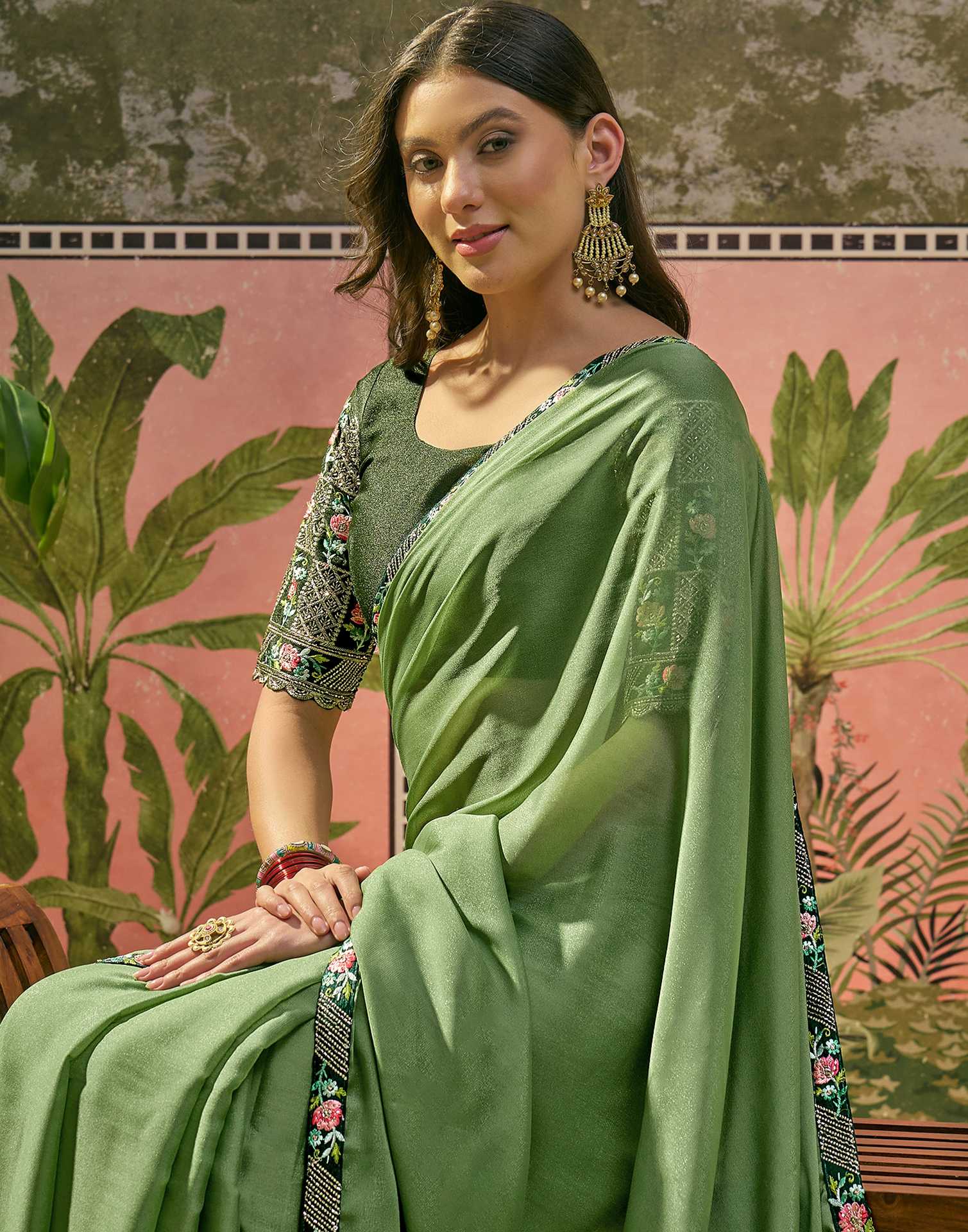 Moss Green Shimmer Embroidery Lace Saree - Image 2