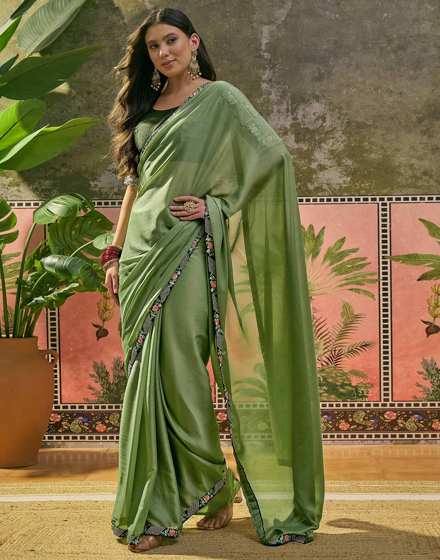 Moss Green Shimmer Embroidery Lace Saree - Image 4