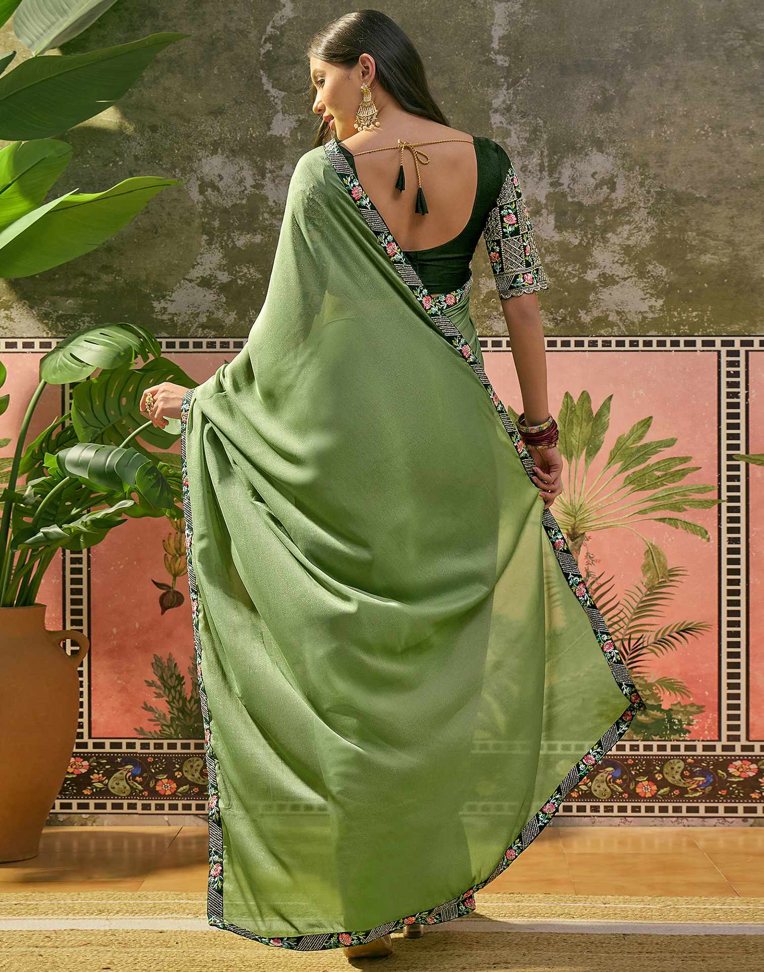 Moss Green Shimmer Embroidery Lace Saree - Image 6