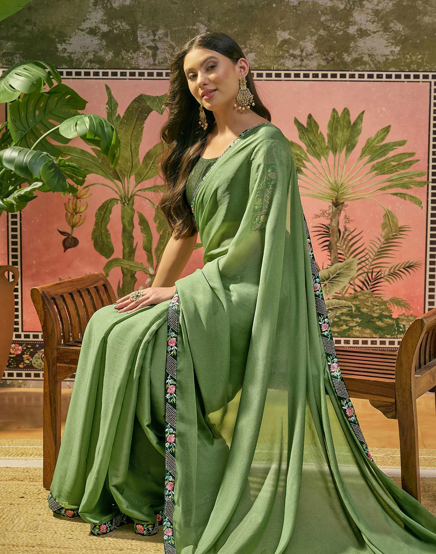 Moss Green Shimmer Embroidery Lace Saree - Image 7
