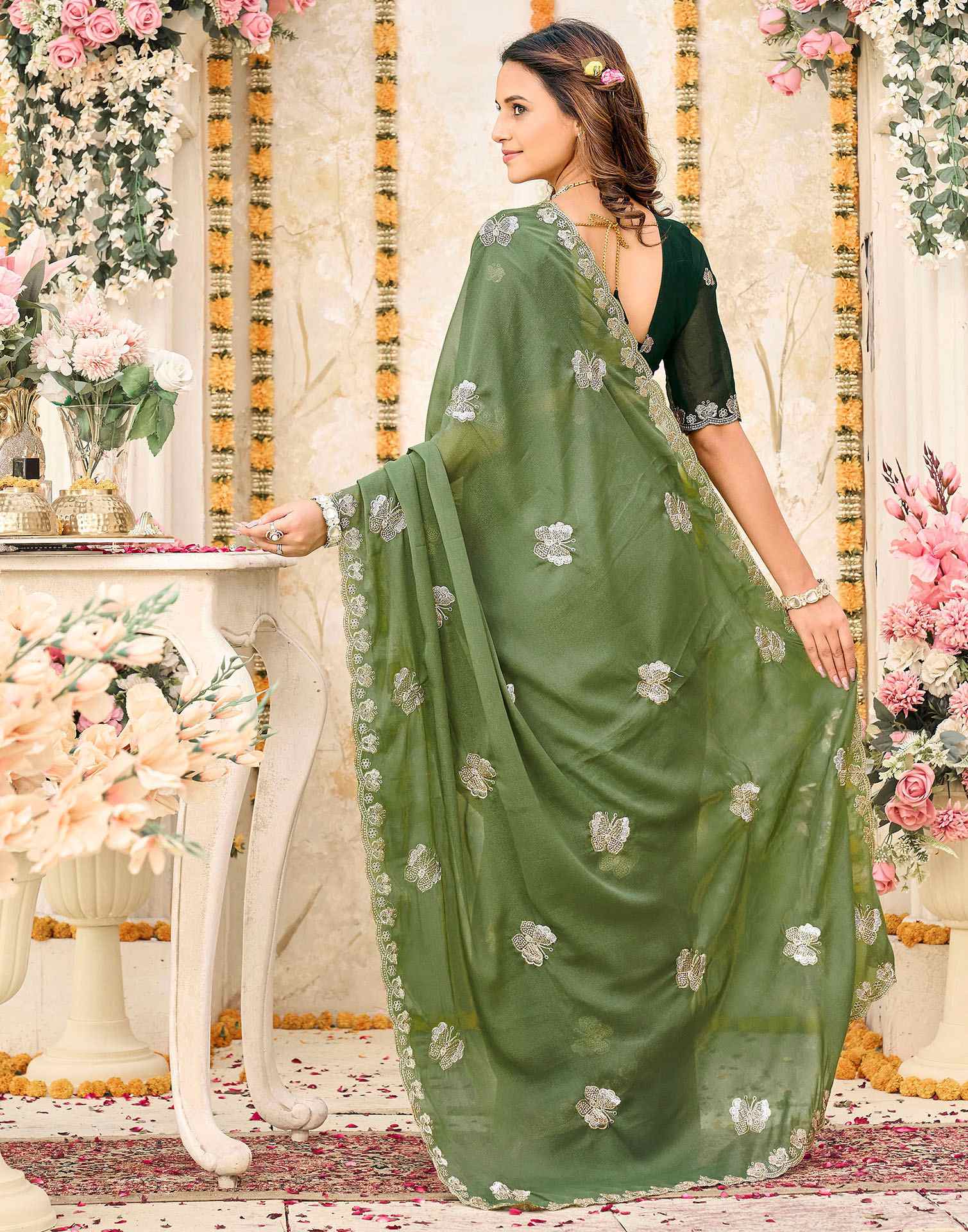 Moss Green Shimmer Georgette Sequence Embroidery saree - Image 6