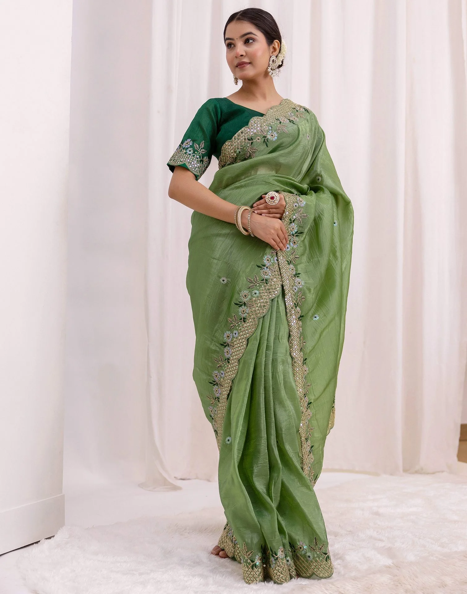 Moss Green Shimmer Sequence Embroidery Saree - Image 6