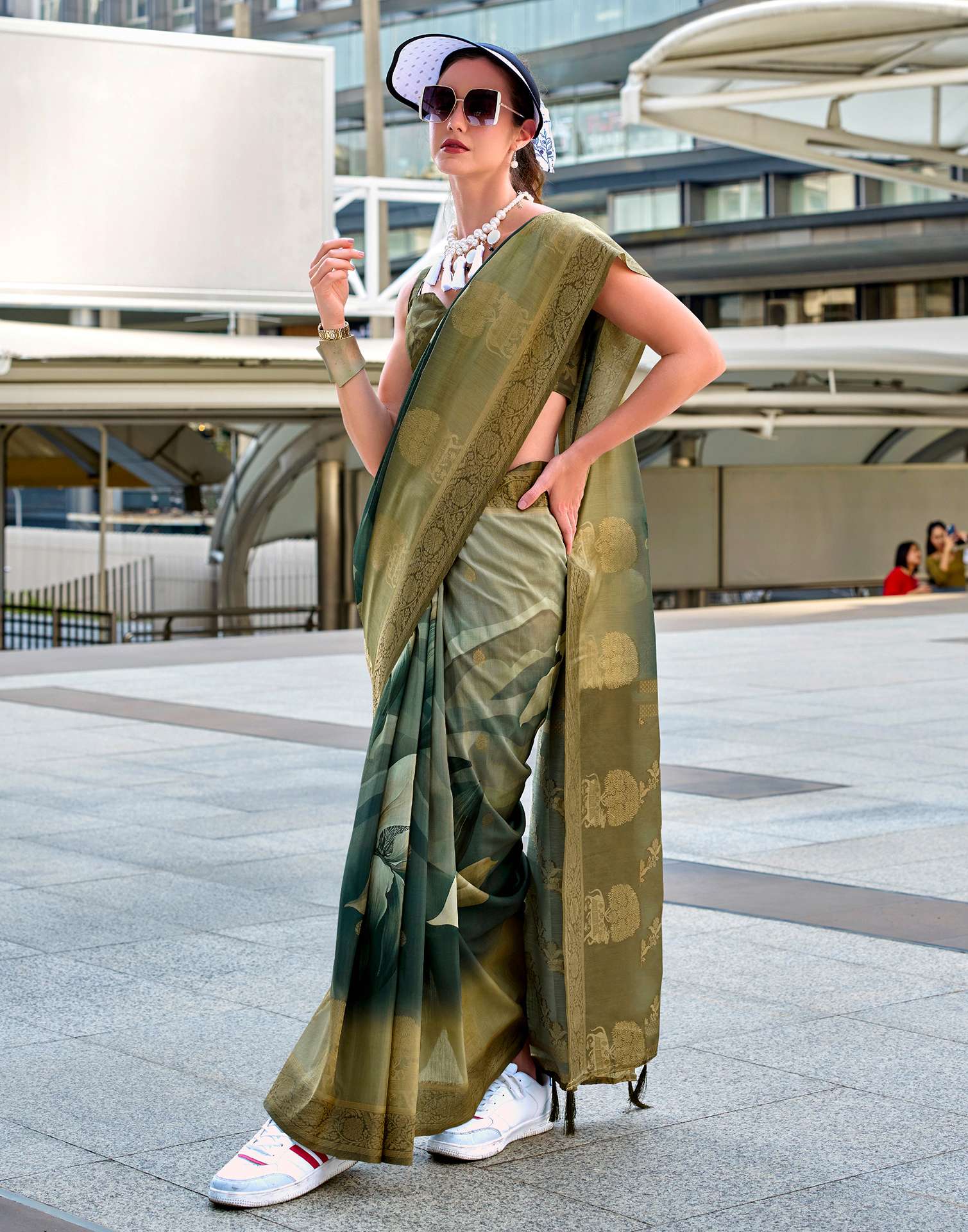 Moss Green Silk Printed Woven Saree - Image 5