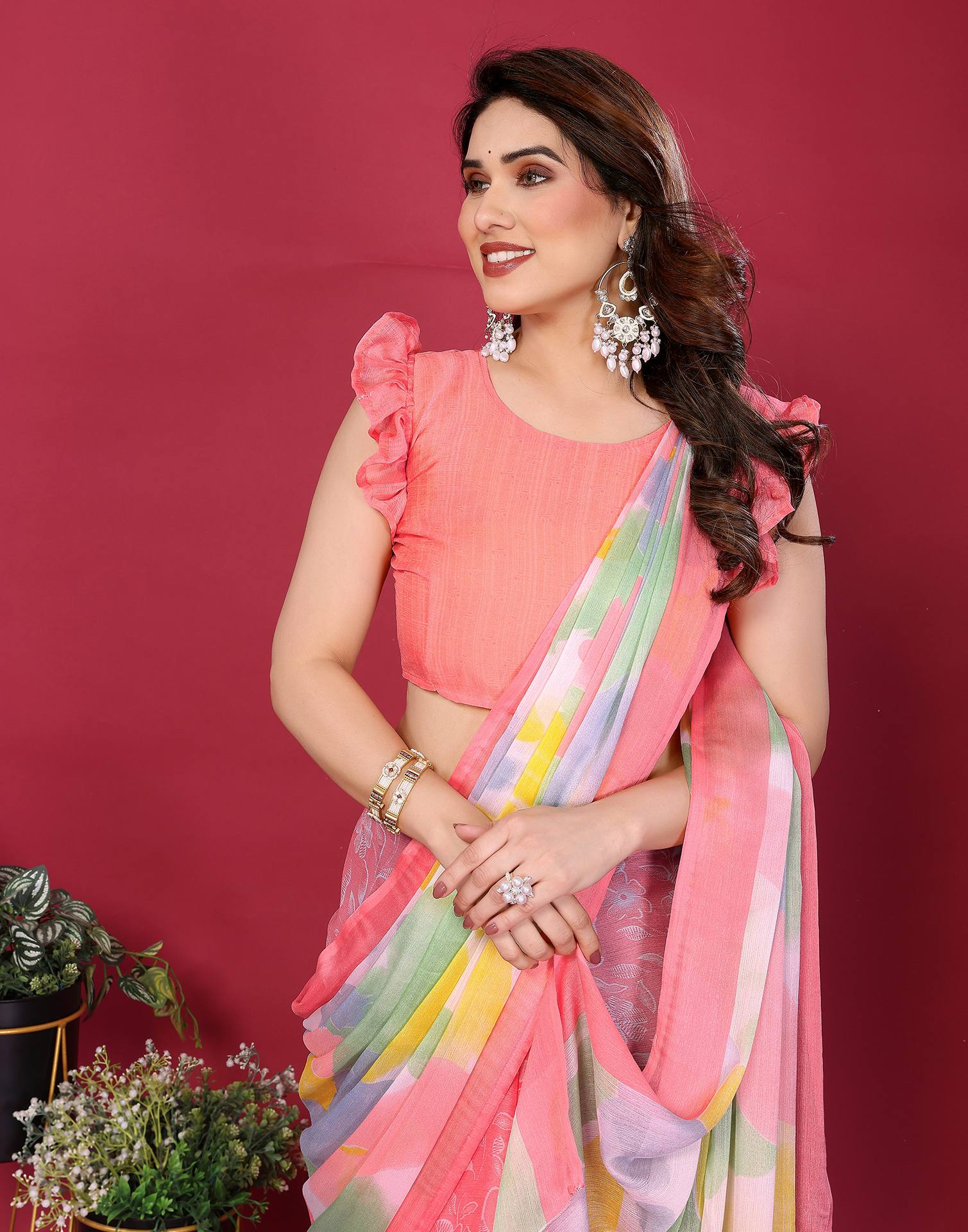 Multicoloured Chiffon Printed Saree - Image 2