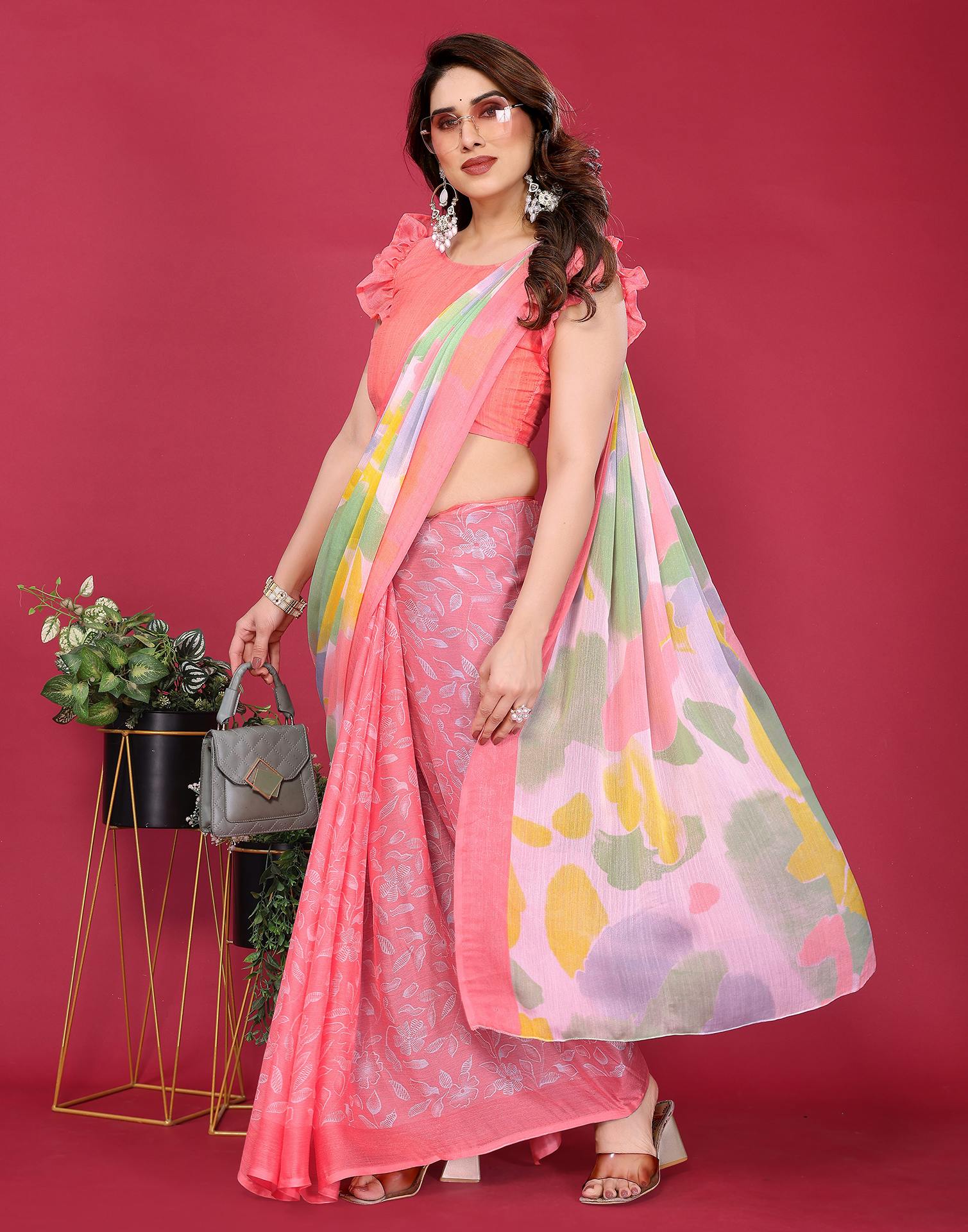 Multicoloured Chiffon Printed Saree - Image 4