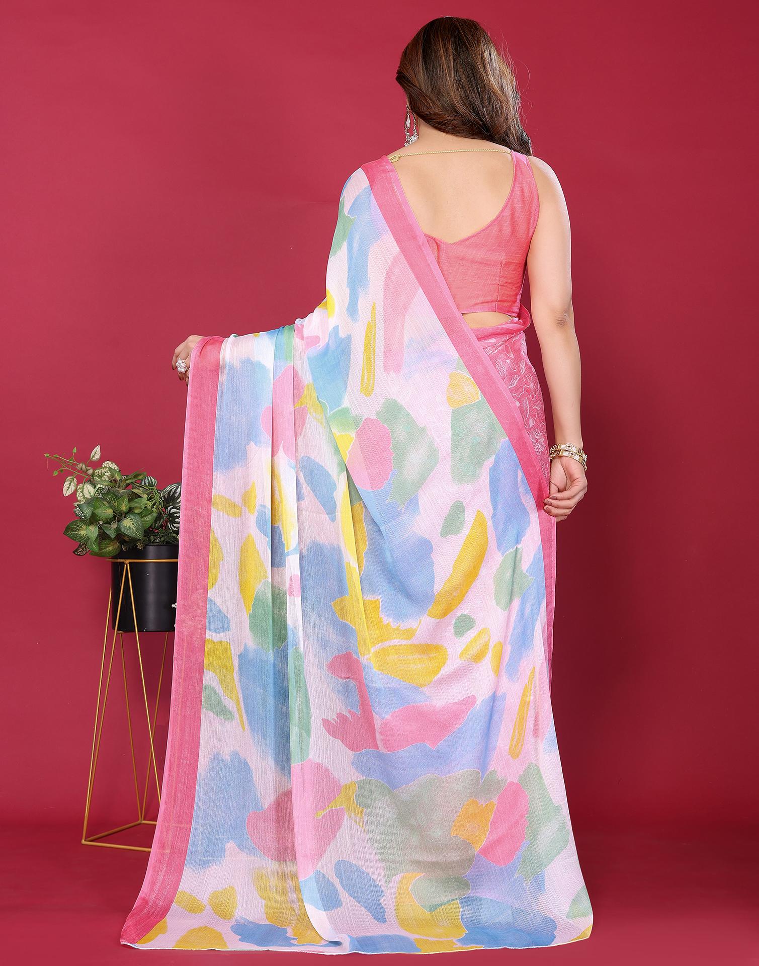 Multicoloured Chiffon Printed Saree - Image 5