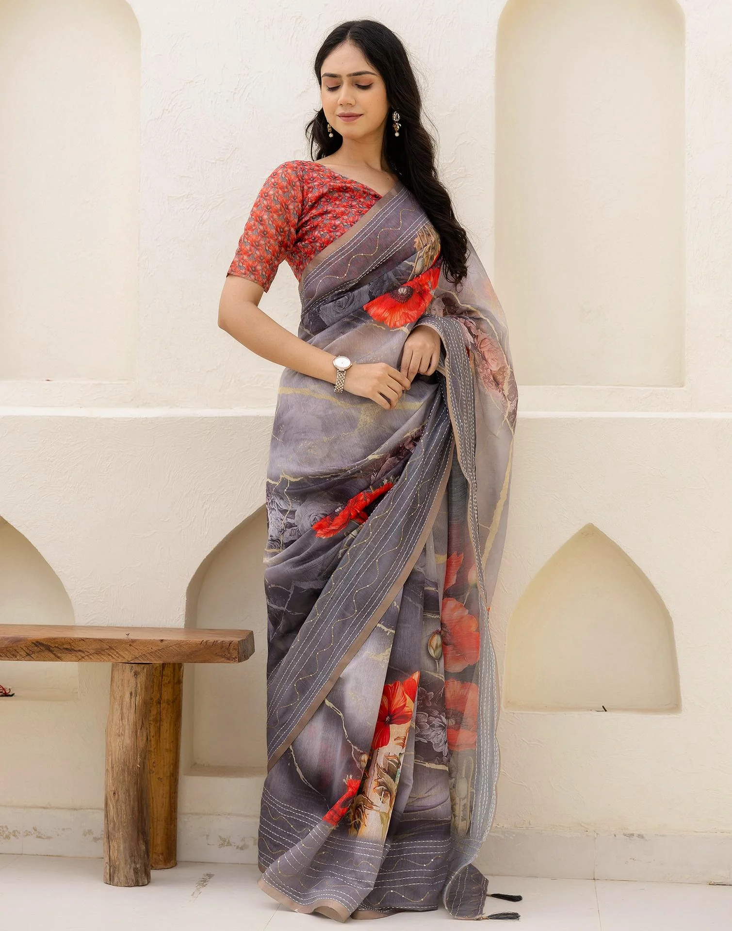 Multicoloured Cotton Embroidery Floral Printed Saree - Image 4
