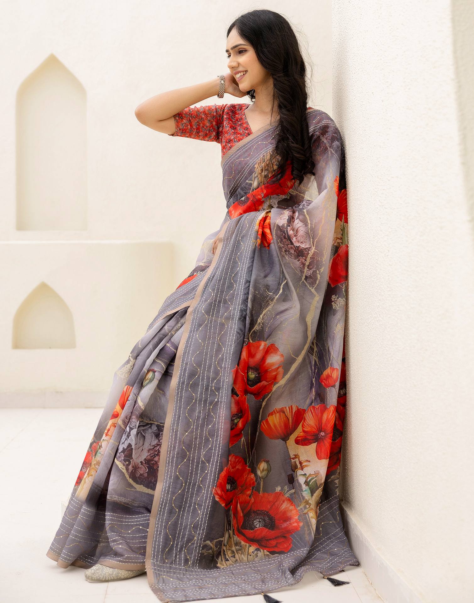 Multicoloured Cotton Embroidery Floral Printed Saree - Image 5