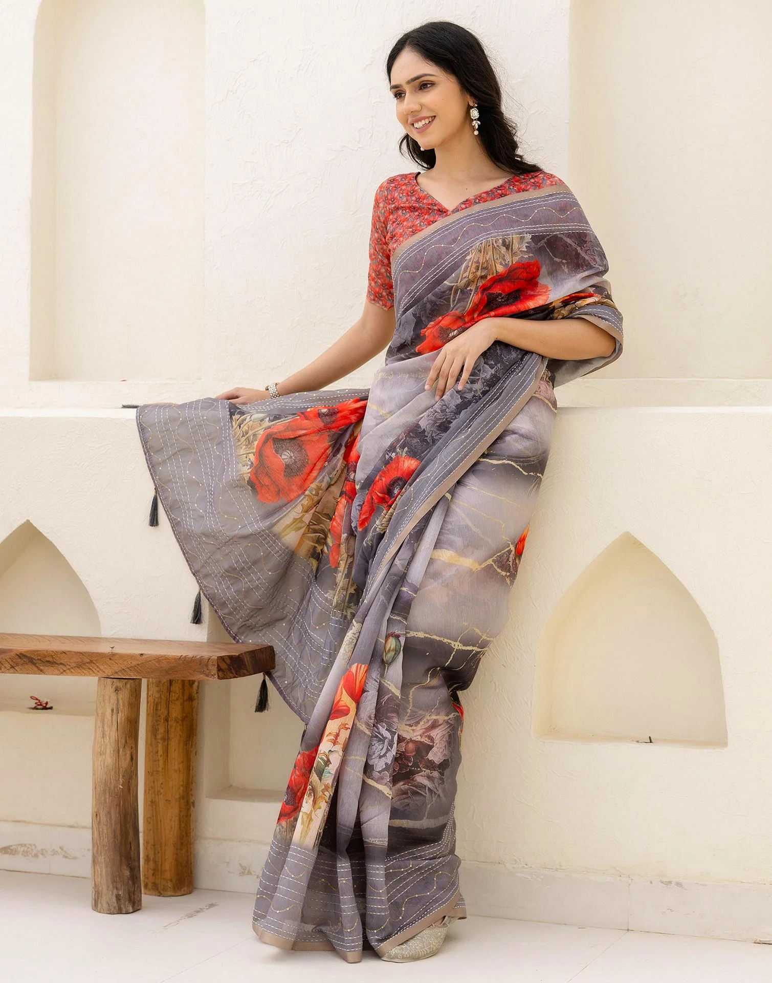 Multicoloured Cotton Embroidery Floral Printed Saree - Image 7
