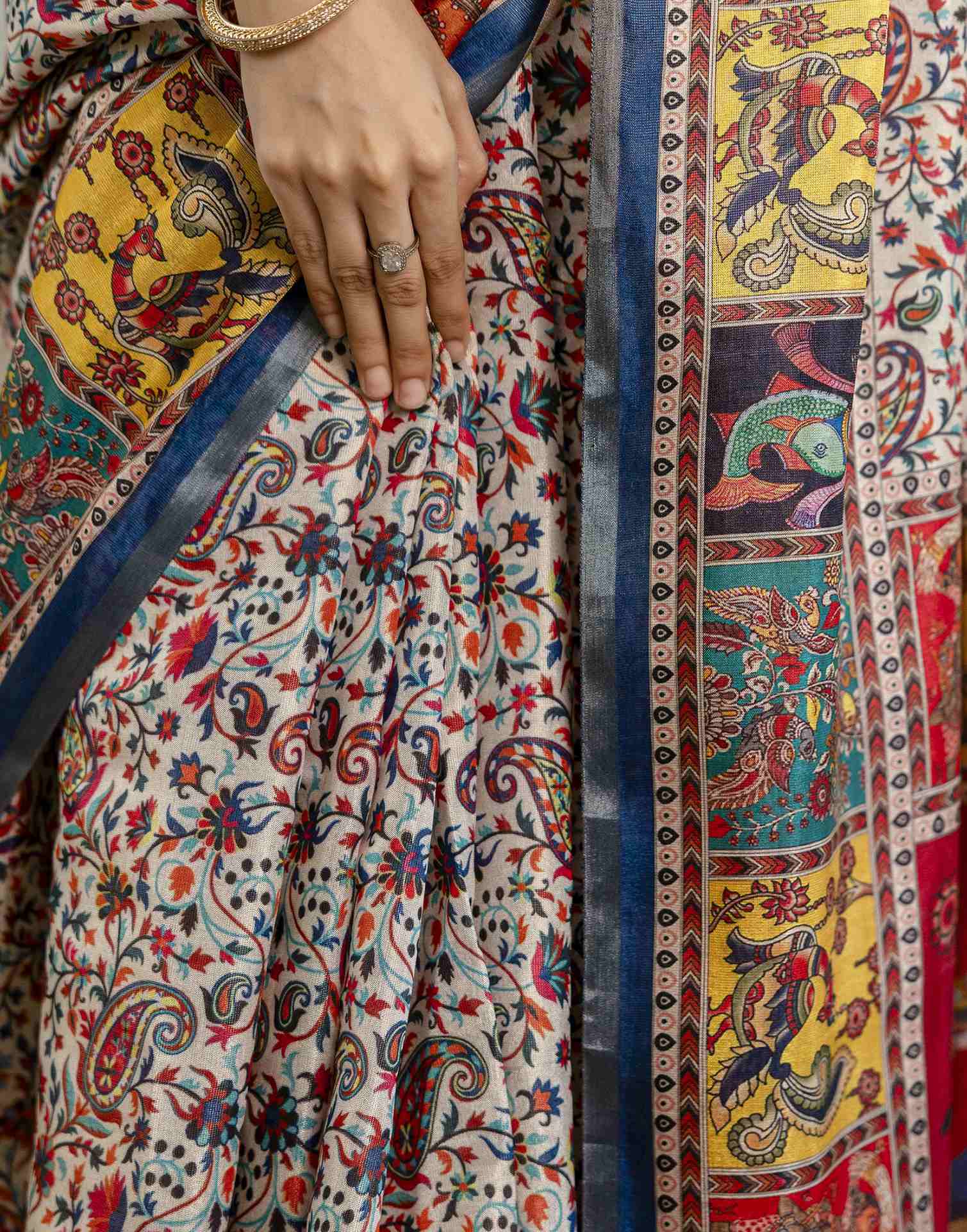 Multicoloured Cotton Printed Kalamkari Saree - Image 13