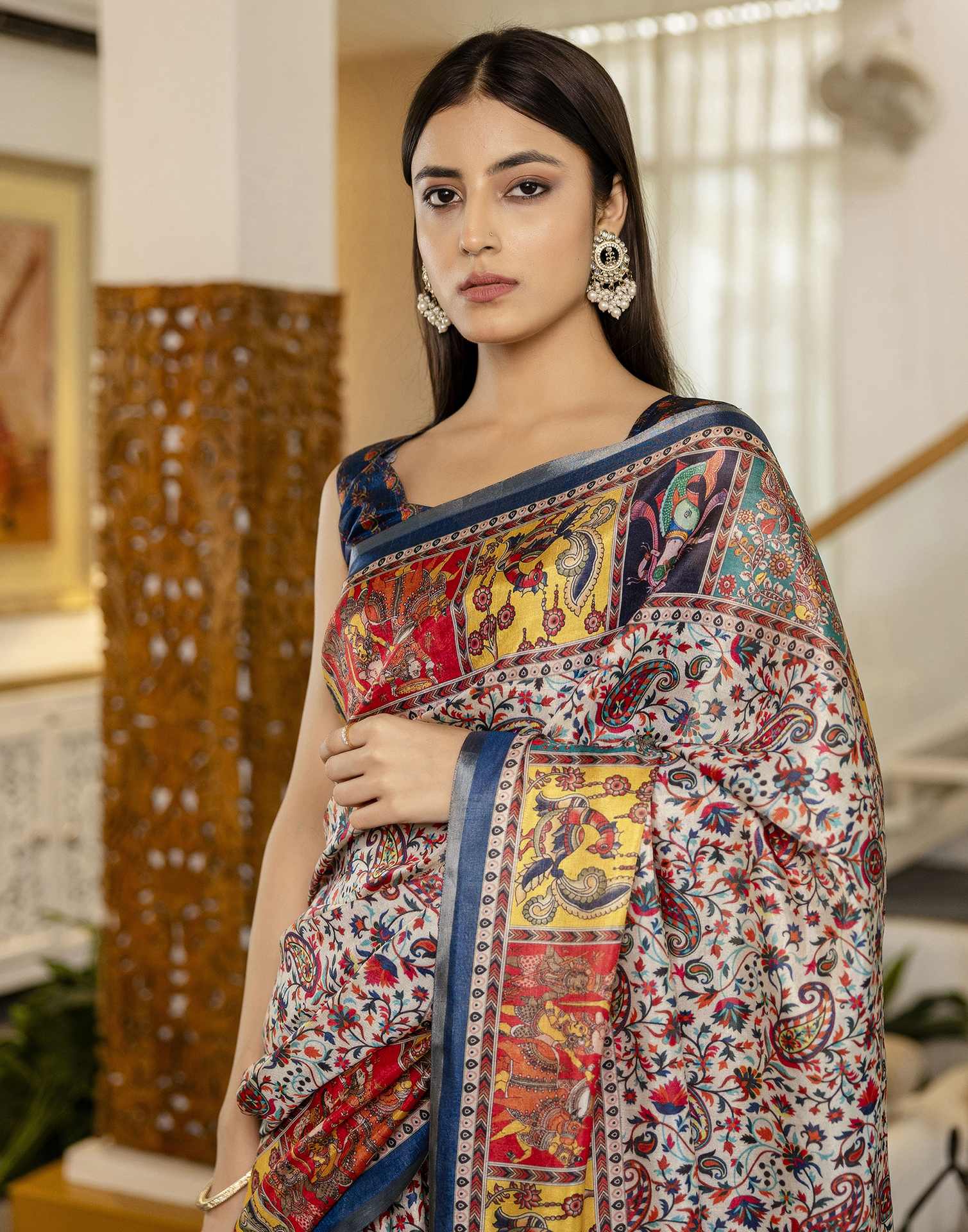 Multicoloured Cotton Printed Kalamkari Saree - Image 4