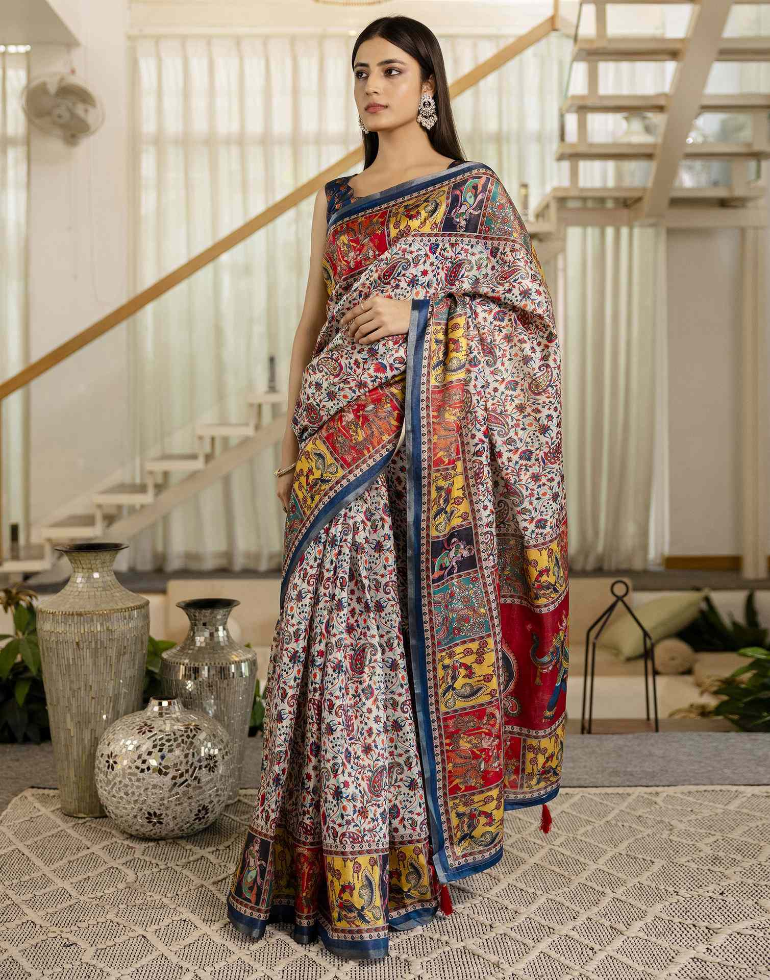 Multicoloured Cotton Printed Kalamkari Saree - Image 5