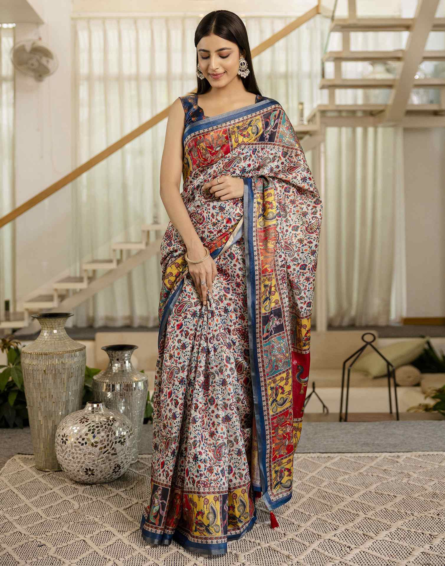 Multicoloured Cotton Printed Kalamkari Saree - Image 9