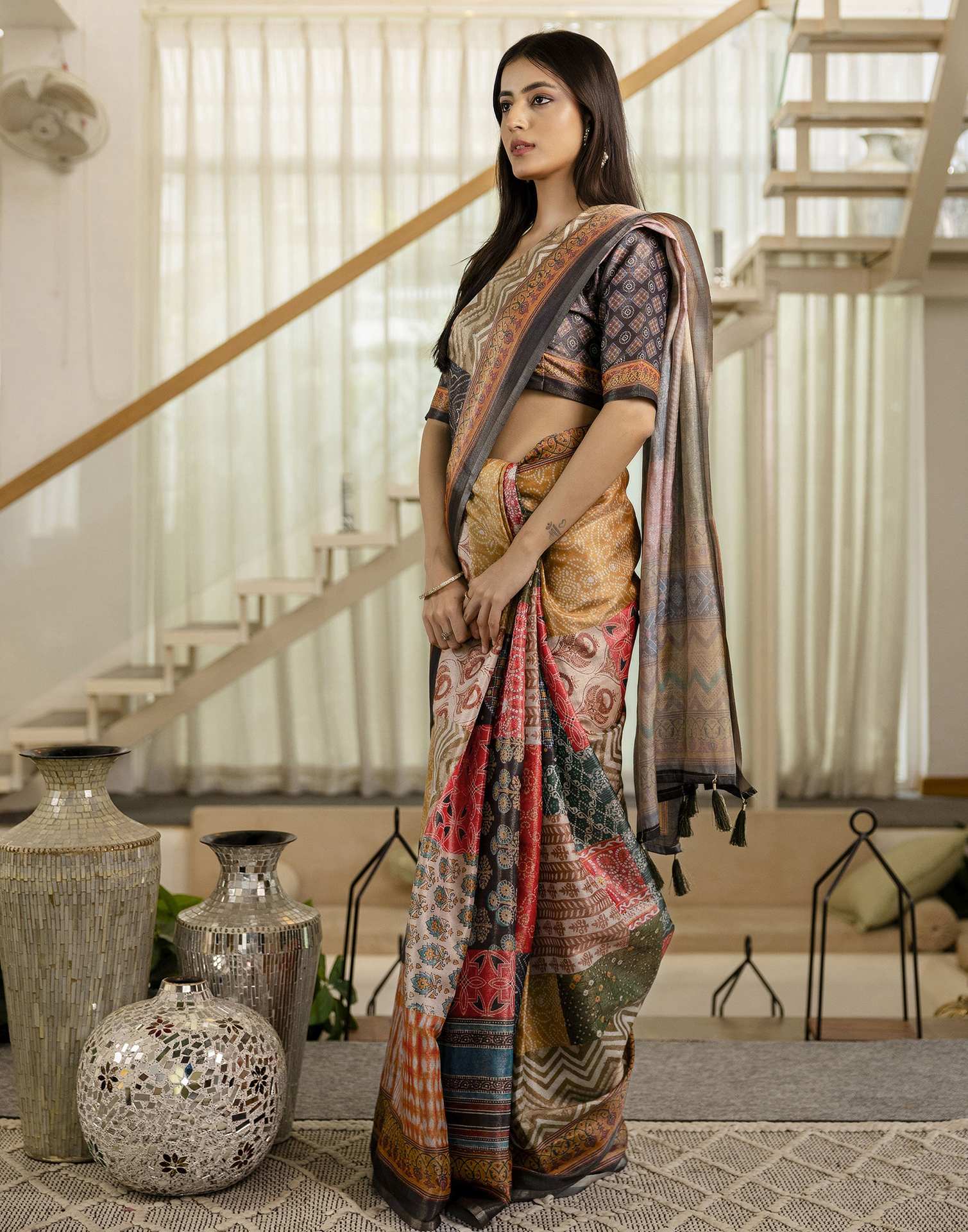 Multicoloured Cotton Printed Saree - Image 7